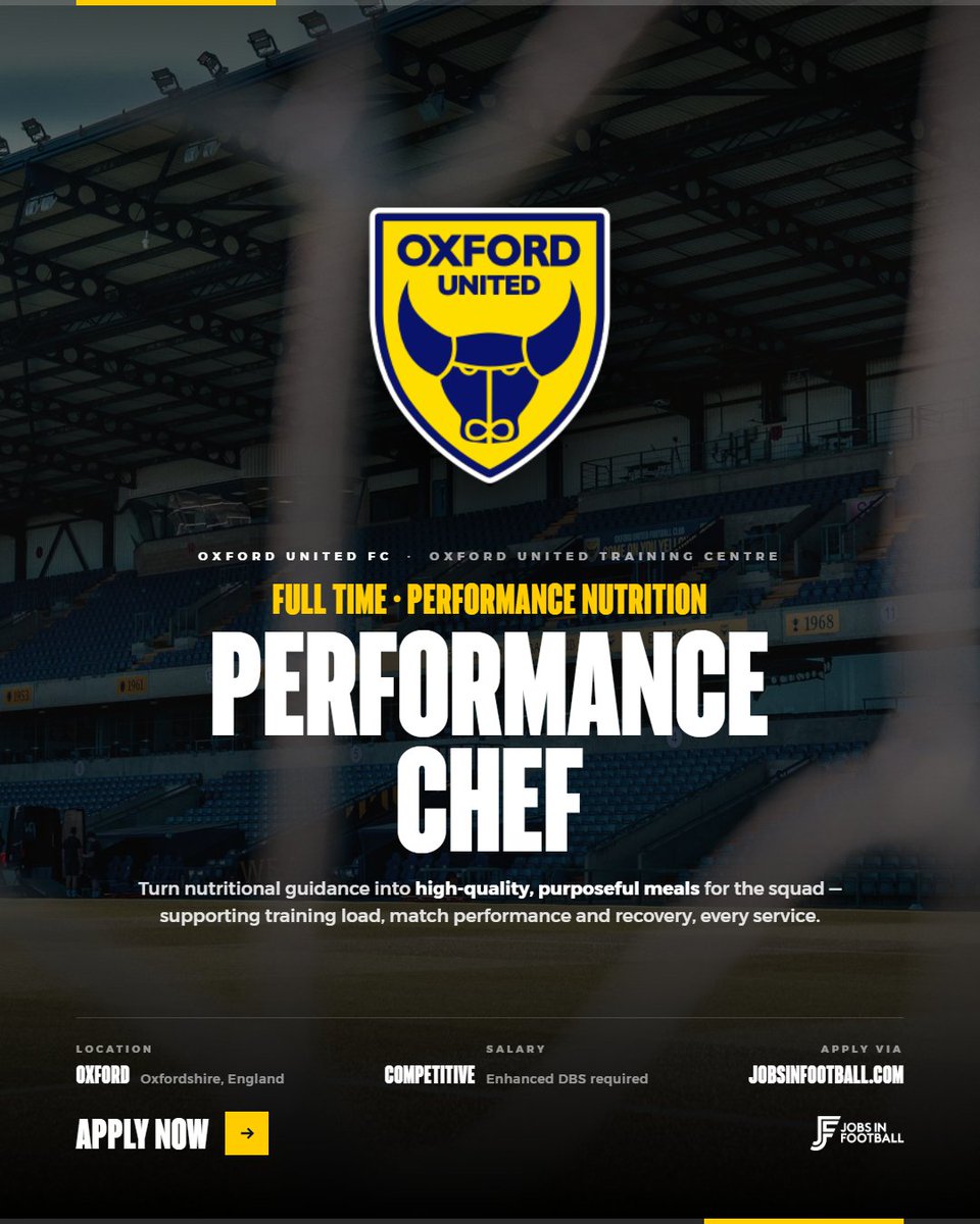JobsInFootball's tweet photo. PERFORMANCE CHEF | OXFORD UNITED FC

Oxford United Football Club is looking to appoint a Performance Chef to join the team at the Club’s Training Centre.

This is a fantastic opportunity for a skilled chef with a genuine interest in performance nutrition, player fuelling and recovery to work within a professional football environment.

Working alongside the Head Performance Chef, you will prepare and deliver high-quality meals designed to support training load, match performance, recovery and individual player needs, while helping maintain the highest standards across the training ground kitchen and restaurant.

✅ Prepare performance and recovery-focused meals
✅ Deliver tailored meals for dietary requirements and player goals
✅ Support menu development throughout the season
✅ Maintain high standards of quality, presentation and consistency
✅ Help supervise junior kitchen and restaurant staff
✅ Support stock control, ordering and food safety compliance
✅ Deputise for the Head Performance Chef when required
✅ Contribute to player education around fuelling and cooking

Applicants should have relevant professional catering qualifications, including a minimum Level 2 Food Safety & Hygiene for Catering, alongside strong scratch-cooking and fresh preparation skills.

Experience within professional sport, elite performance or another high-pressure catering environment is desirable, along with an understanding of performance nutrition, hydration and recovery.

📍 Oxford United Training Centre
⚽ Professional Football Environment

A brilliant opportunity for a chef who wants to combine their culinary expertise with elite sport and play a direct role in supporting player performance.

👉 Apply now via Jobs In Football

https://t.co/vl3V0yr3eC

#FootballJobs #PerformanceChef #SportsNutrition #FootballCareers #ChefJobs #EliteSport #OxfordUnited #OUFC #JobsInFootball