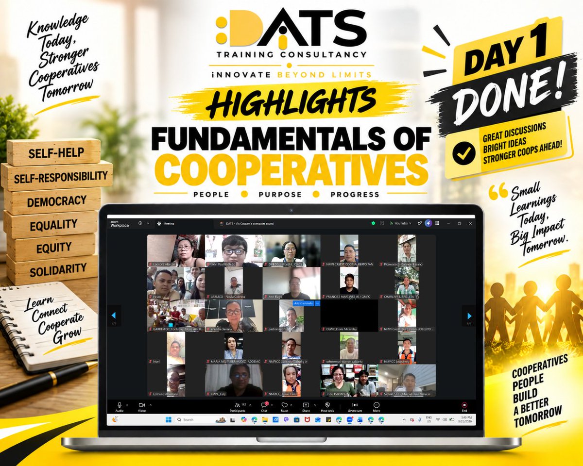 DATSTandC's tweet photo. Foundation built. Knowledge gained. Insights shared!
Today, we explored the Fundamentals of Cooperatives and rediscovered the power of people, purpose, and cooperation.
One day down. More learning ahead!
#Day1Done #FundamentalsOfCooperatives #DATS #CooperativeTraining https://t.co/zLUDwshXna