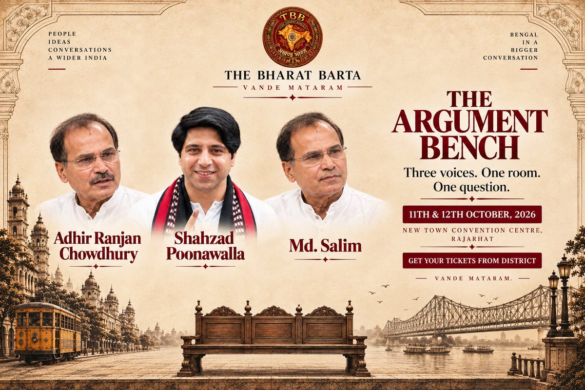 thebharatbarta's tweet photo. Three voices. One room. One question.

Md. Salim. @adhirrcinc , @Shehzad_Ind  

Different perspectives. One conversation.

📅 11–12 Oct 2026
📍 New Town, Rajarhat
🎟️ Tickets from District
Vande Mataram.
#TheBharatBarta #BengalQuestions #Kolkata #BengalPolitics https://t.co/mOifHf7W8T