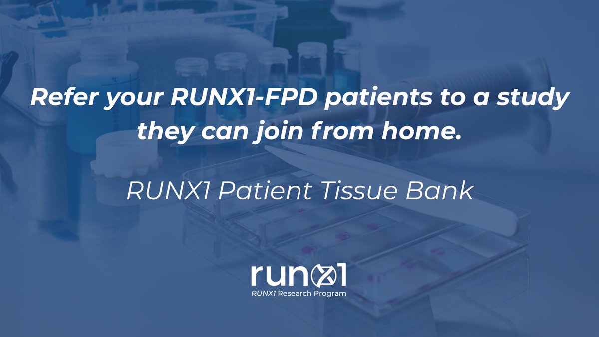 RUNX1Research's tweet photo. Led by the @Penn and supported by RRP,the RUNX1 Patient Tissue Bank provides approved researchers with de-identified blood and bone marrow samples to study RUNX1-FPD biology, develop earlier blood cancer detection methods, improve quality of life, and work toward prevention.

Patients can contribute a small blood or bone marrow sample during a routine appointment at their local clinic, without additional travel.

If you care for patients with RUNX1-FPD, please share this research opportunity with them.

Learn more: https://t.co/aTZ7n5uSyb