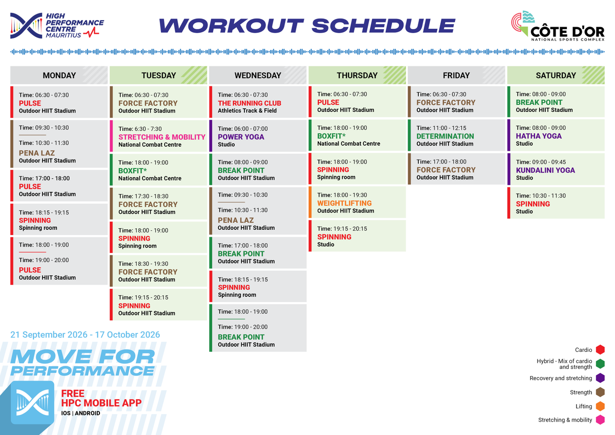CoteDorSports's tweet photo. 👉 Here's the workout schedule from 21 September to 17 October 2026! 💪 Let's get moving to the beat and rhythm 🎶 of our fitness classes.

#CoteDorMauritius #Mauritius #Sports #HPCMauritius #MoveForPerformance #Performance #Fitness #Workout https://t.co/Xjzjj5QpAz