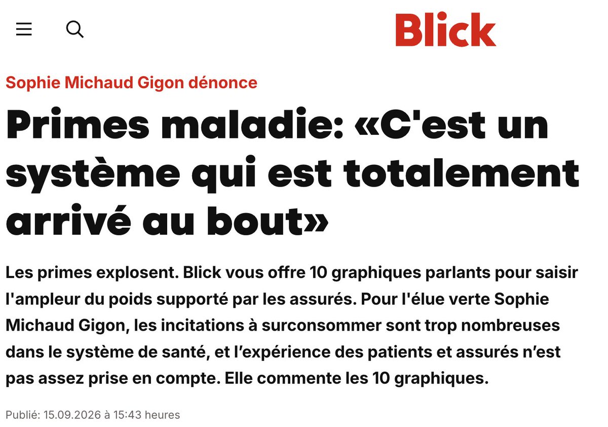 MyretZaki's tweet photo. Primes maladie en Suisse: 5 faits choquants (les 5 autres à lire dans Blick, avec les commentaires très éclairants de la conseillère nationale Sophie Michaud Gigon) 👇

1. Les primes maladie ont explosé de 193% en 30 ans, soit 10 fois plus que l'inflation  
2. Elles ont augmenté 22 fois plus que les salaires en 10 ans
3. Les réserves des assureurs, à 7,8 milliards, restent excédentaires, sans servir à atténuer la flambée des primes
4. Les subsides ont quintuplé en 30 ans, et le nombre de ménages subventionnés a doublé. A Genève, un record de 44% des assurés bénéficient de subsides, et 36% sur Vaud.   
5. La Suisse est n°1 des dépenses de santé par habitant en Europe

Lire l'article complet ici: 
https://t.co/YGNPW4gyZo