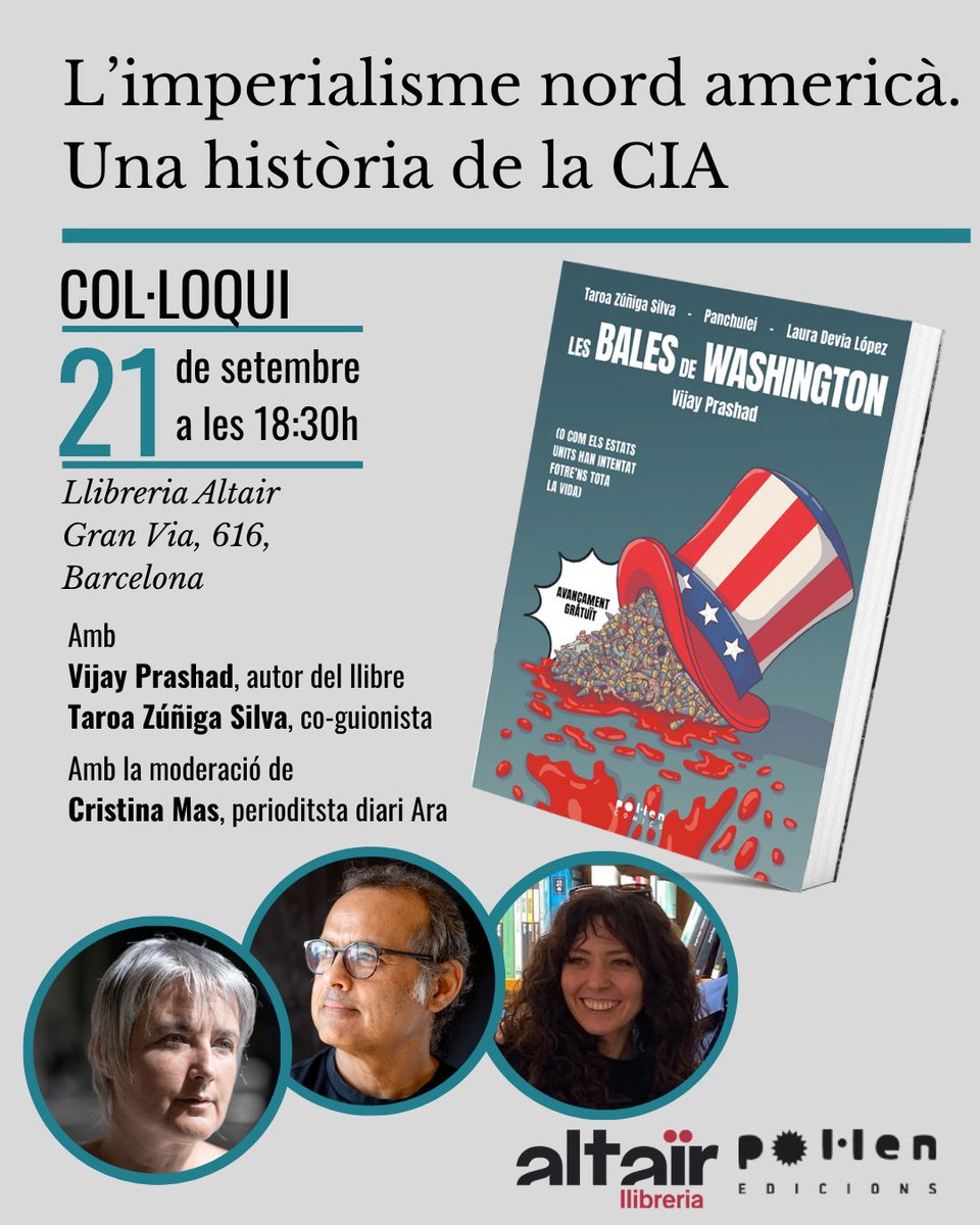 jordipanye's tweet photo. Avui a @altairviatges amb @vijayprashad @TaroaZuniga i @cristinamas_ pralrem de 'Les bales de Washington', una història de la CIA
Vine i et doanrem un exemplar del fanzine del primer capítol!
 @pol_lenedicions https://t.co/YiVebasOxC