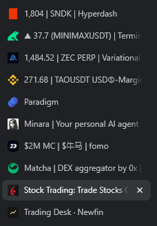 0x_iroh's tweet photo. Mind is melting sometimes with too many trading terminals and open positions across venues. Crypto: spot, perps, options, defi positions, memes. Tradfi: spot, perps, options.

Working on combining all of them in one place to keep my sanity.

Been building Newfin for personal use - all in one finance/trading/investment app, personal finance, trading desk, powered by AI. Planning to outsource it, reply if you need/want something similar.

Planning to integrate @minara there as well as second brain running alongside and feeding data to my personal CFO/CIO agent who knows my context, trading style, my weaknesses and all my positions across all venues.

Apps/terminals I'm currently using (but it's more than that periodically):
@hypurrdash @InsilicoTrading @variational_io @binance @paradex @minara @fomo @matchaxyz @IBKR 

In the future: Newfin + telegram gateway.