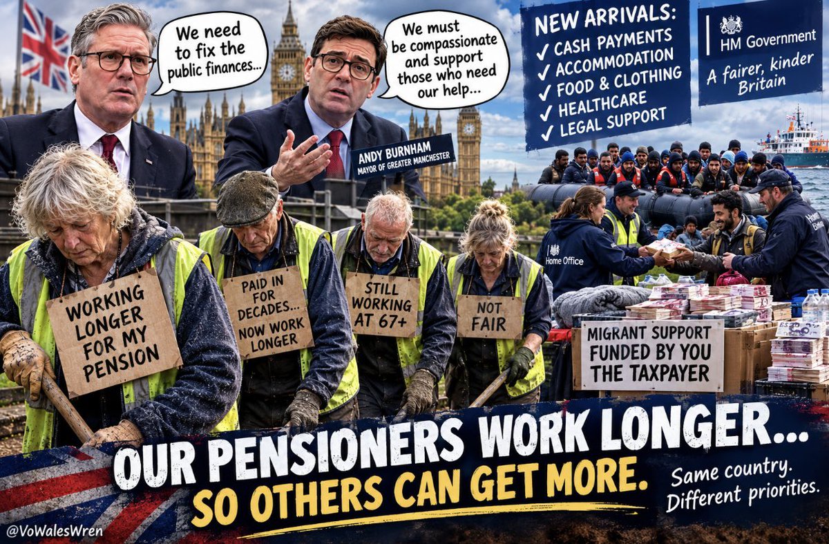 VoWalesWren's tweet photo. I’m not passing on a post. This is me. I’m furious. 😡 
I worked. They took NI off my wages before I ever saw it. My employer paid in too. For years. That was not a favour. That was money ripped out of work I actually did, on the promise it would be there when I was old.
People paid the same and dropped dead before they collected a penny. That money didn’t vanish. The government spent it. Then they have the cheek to look at the rest of us like we’re scroungers for wanting it back.
They never put their own money in. Not a pound. They took ours, blew it, and when it was our turn they changed the word. “Entitlement.” As if I crawled in begging.
Then they moved the line. Retirement age up. Then up again. Work till you drop. Wait till you’re worn out. Hope you live long enough to see what you already paid for. That’s the con, empty the pot, shove the age back, and let more of us die waiting.
And some of the young ones sneer. Talk as if we stole their lives. As if we sat on our backsides. We paid in when the deal was 60 or 65. We didn’t invent this mess. We grafted and now we’re the villains while they raise the age and spend the money elsewhere! 😤
It was never locked away with my name on it. I know that. They used it like a slush fund and expected us to swallow it.
Look at them. Fat packages. Weeks off. Sick pay. Sorted. Then look at pensioners on a fixed state pension, counting every coin, filling in bloody forms, being told there’s nothing left.
Veterans. People who built this country. Our own. Treated like an inconvenience.
Meanwhile the spongers sit on it fit to work, won’t work, know every loophole, take and take while the rest of us paid in. And still they find money. Hotels. Benefits. Lawyers. Welcome packs for boat after boat coming over. People who never paid a day’s NI here. Never put a pound into the pot I funded for decades.
Don’t tell me we can’t afford our own. Don’t tell me the cupboard is bare for the ones who worked, then fling it open for spongers and arrivals who contributed nothing. Don’t push the retirement age up on people who already paid, then let kids be told we’re the ones draining the country.
Billions abroad. Billions here on people who put nothing in. And the ones who paid get lectured, delayed, and spat on.
Now they want to tax it as well. Take it off you on the way in, spend it, make you wait longer, call it an entitlement then tax what’s left when you finally get it. Steal it twice. Three times if you count the years they added to the retirement age.
Don’t call my pension charity. Don’t call it welfare. Don’t preach at me about kindness while you rob the people who funded the lot.
I paid it. In work. In tax. In years I don’t get back.
They spent what was meant for later on spongers, on foreign aid, on boatloads who never paid in, then shoved retirement further away, told the young to blame us, and now they’re coming back for another cut.
It is my money!  I earned it! 🤬
vowaleswren