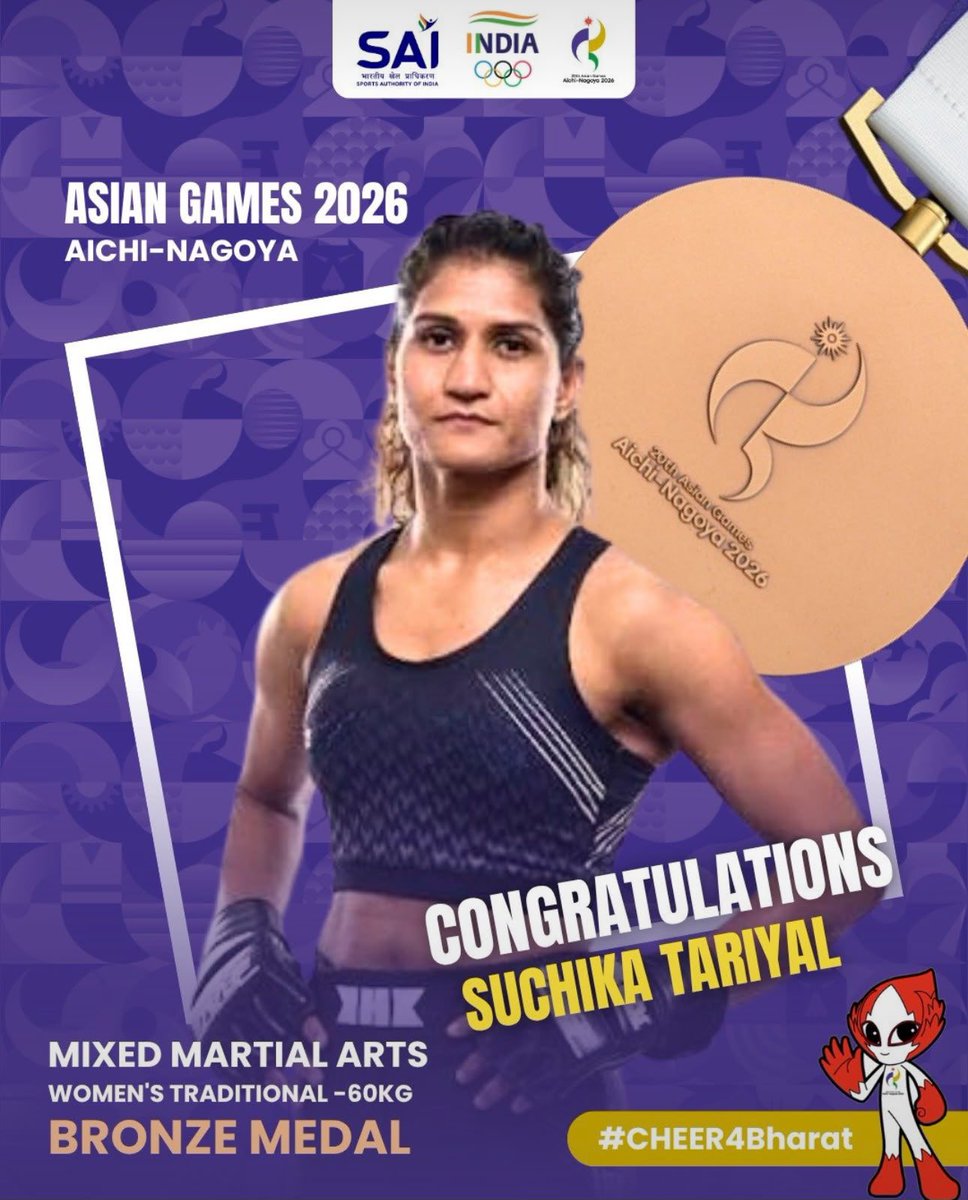 HardeepSPuri's tweet photo. A Momentous Medal for India! 

Congratulations to Suchika Tariyal on winning a historic bronze in the women’s Traditional MMA 60kg category, making it India’s first-ever Asian Games medal in Mixed Martial Arts.

With an enabling and encouraging sports ecosystem now in place in India, it is heartening to see our young athletes embrace newer sports, push boundaries and excel on the international stage.
Many congratulations, Suchika! 
Wishing you many more milestones and successes ahead. 

#AsianGames2026 #MMA #Suchika #KheloIndia