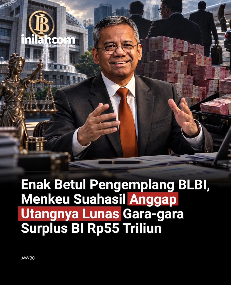 Jateng_Twit's tweet photo. Sampai sini paham??

Kini, para penikmat duit Bantuan Likuiditas Bank Indonesia (BLBI) yang nilainya triliunan rupiah, bisa bernapas lega. Mereka tak perlu lagi pusing mengembalikan uang negara karena dianggap sudah lunas. Wah, enak betul itu. 

Tak sedang bercanda, Menteri Keuangan (Menkeu), Suahasil Nazara menyatakan bahwa kewajiban surat utang yang diterbitkan dalam rangka penanganan BLBI saat krisis 1997–1998, telah lunas sejak Agustus 2026. 

Segala tanggungan BLBI dari para obligor dianggap lunas karena menggunakan surplus Bank Indonesia (BI) sebesar Rp55 triliun yang disetorkan kepada kas negara. Selanjutnya, surplus dari BI itu disetorkan ke kas negara, sesuai peraturan yang berlaku. 

Saat ini, Kementerian Keuangan (Kemenkeu) sudah menerima pendapatan dari Kekayaan Negara yang Dipisahkan (KND) sebesar Rp58 triliun. 

Oleh karena itu, Suahasil menggunakan surplus BI untuk membayar kembali kewajiban surat utang dalam rangka penanganan krisis 97–98 tersebut. 

Pelunasan surat utang terkait BLBI itu, menyusul pelunasan kewajiban obligasi rekapitalisasi atau obligasi rekap pada Juli 2020.