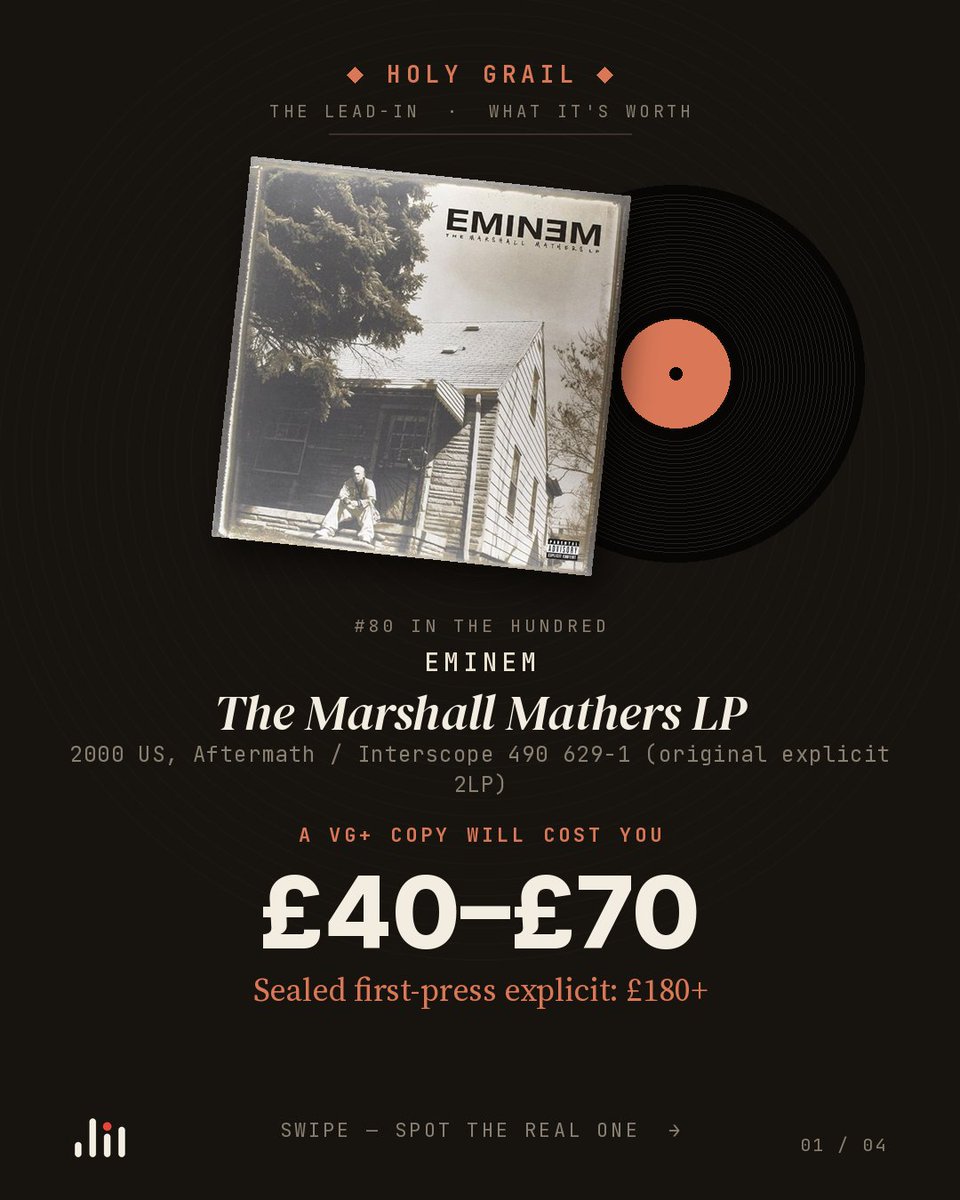 TheLead_in's tweet photo. The Marshall Mathers LP was the fastest-selling solo album in America when it landed in 2000. But if you're hunting an original pressing, the details decide what it's worth. Got one on your shelf?
https://t.co/6zd1S5rVaH
#eminem #marshallmathers #recordcollection #vinyl https://t.co/E1wIUV9oFc
