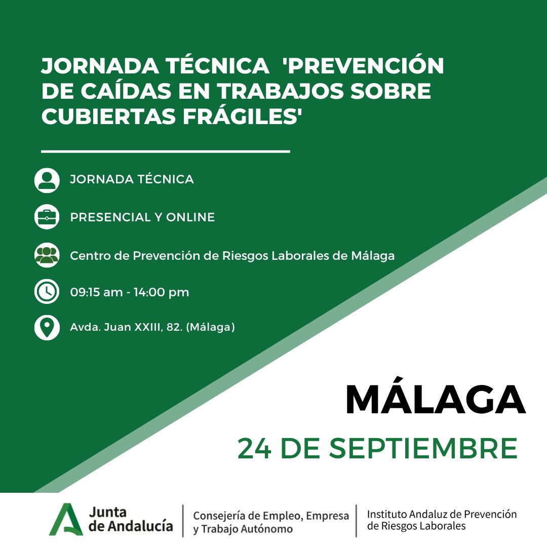 IAPRL's tweet photo. Jornada técnica 'Prevención de caídas en trabajos sobre cubiertas frágiles' 🏗️

📅24 de septiembre en Málaga (presencial y telemática). Las cubiertas frágiles (chapa, vidrio, fibrocemento) causan numerosas caídas de altura, muchas mortales.

Inscripción gratuita 👇

🔗https://t.co/KNNC0REhkP

#IAPRL #PRL #Málaga