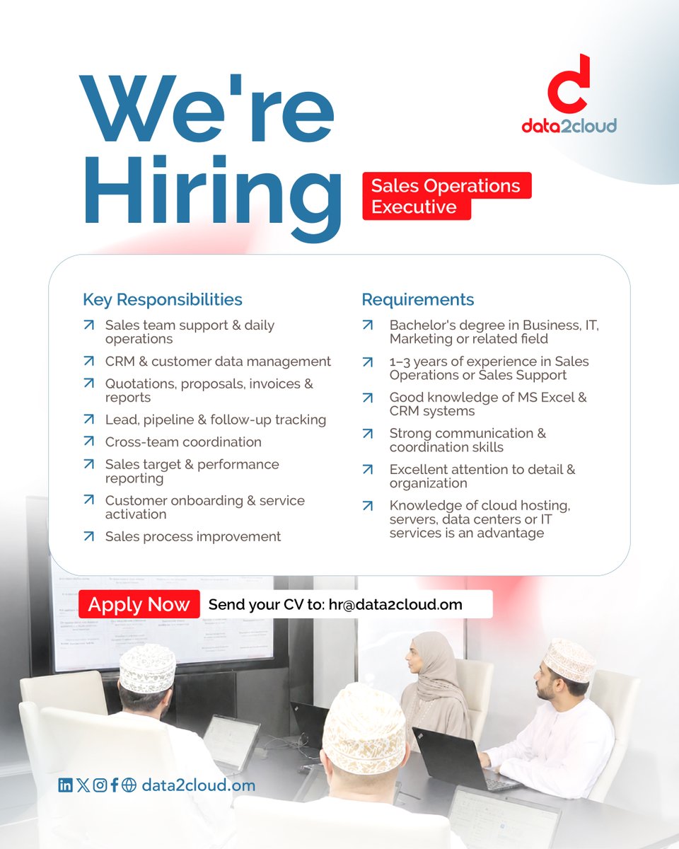 data_2_cloud's tweet photo. data2cloud is looking for a Sales Operations Executive to support our sales operations, strengthen customer and pipeline management, and help drive better coordination and performance across the team.

If you have 1–3 years of relevant experience, strong communication and organizational skills, and a good understanding of CRM systems and MS Excel, we’d like to hear from you.

📩 Send your CV to hr@data2cloud.om and take the next step in your career with us.