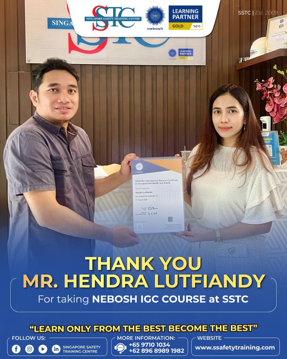 ssafetyraining's tweet photo. Terima kasih kepada bapak Hendra Lutfiandy yang sudah mengambil kelas NEBOSH IGC di SSTC. Semogaa bermanfaat untuk memajukan karir Anda kedepannya.

Learn only from the best, Become the best!!

Hubungi kami di
Wa: +62 896-8989-1982

#SingaporeSafetyTraining #SSTC #HSE #NEBOSH https://t.co/l07vuF1SL5