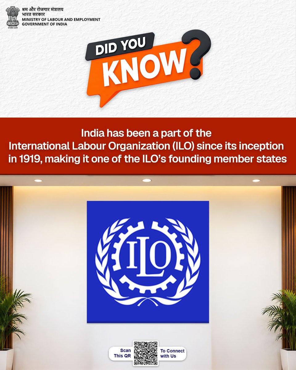 LabourMinistry's tweet photo. Did you know?

India has been a part of the International Labour Organization since its inception in 1919, making India one of the ILO’s founding member states. 

#MoLE #ILO https://t.co/XHtdaLyCor