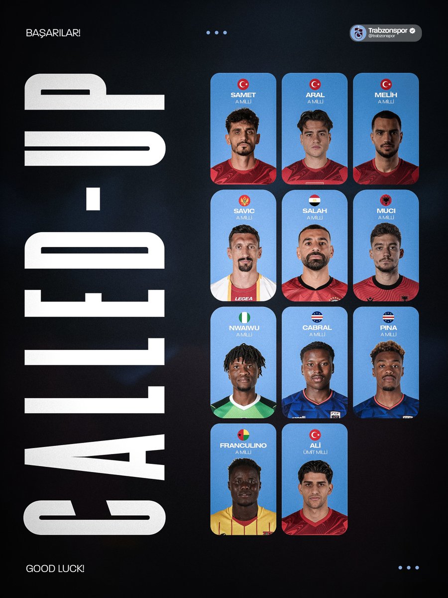 Trabzonspor's tweet photo. Milli takımlarında görev alacak oyuncularımıza başarılar diliyoruz 🙌 https://t.co/lzQlKaFiw9