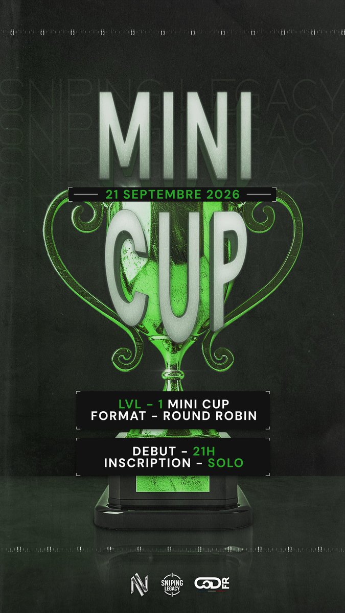 SnipingLegacy_'s tweet photo. ⏰ SLGC MINI CUP #11
🔥 CE SOIR à 21h00 🏅 Mini Cup · Round robin · 4v4 🎮 Black Ops 7 👥 16 places
🔗 https://t.co/R9WuqW36yb

#SLGC #BO7 #SNIPER #COMPETITIF https://t.co/tUSm3Dp344