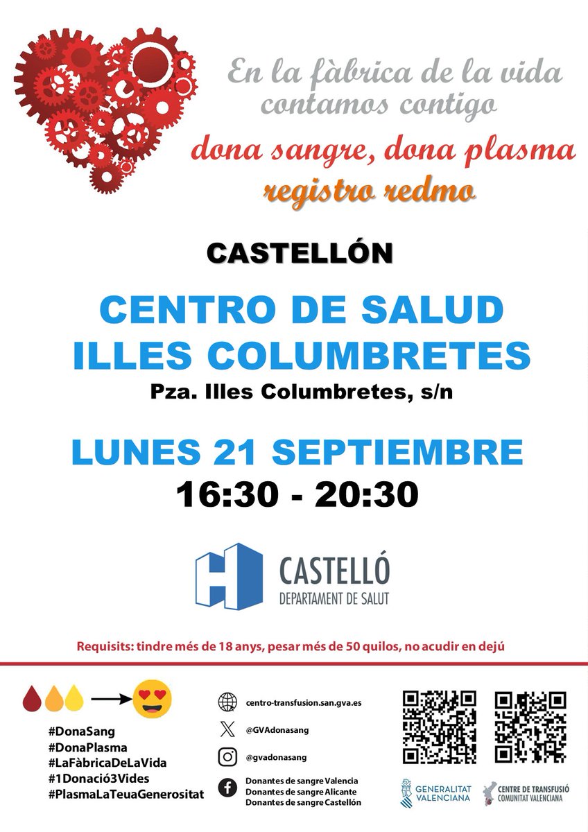 GVAdonasang's tweet photo. Donació de sang a #Castelló
📆Dilluns #21setembre
Les transfusions de sang augmenten l'esperança i qualitat de vida de pacients amb malalties agudes i cròniques.
#DonaSang
Uneix-te a #laFàbricadelavida ❤️ https://t.co/qB5SSPQcxL