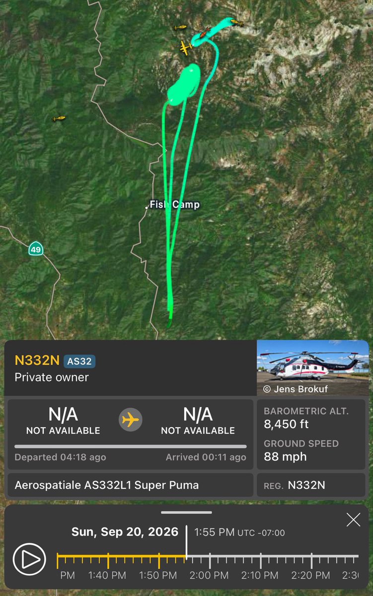 DanielFireTruck's tweet photo. An Intel Flight earlier mapped the #DomeFire at 3,042 acres at 1:50 PM, currently 15% Contained, Yosemite National Park. 

With other sad news from someone on Instagram there was Type 1 Super Puma Helicopter Crashed on the Dome Fire in the Afternoon and both pilots sadly lost their lives, Reg (N332N), and this is one of the helicopters who arrived on the Fire on day one.