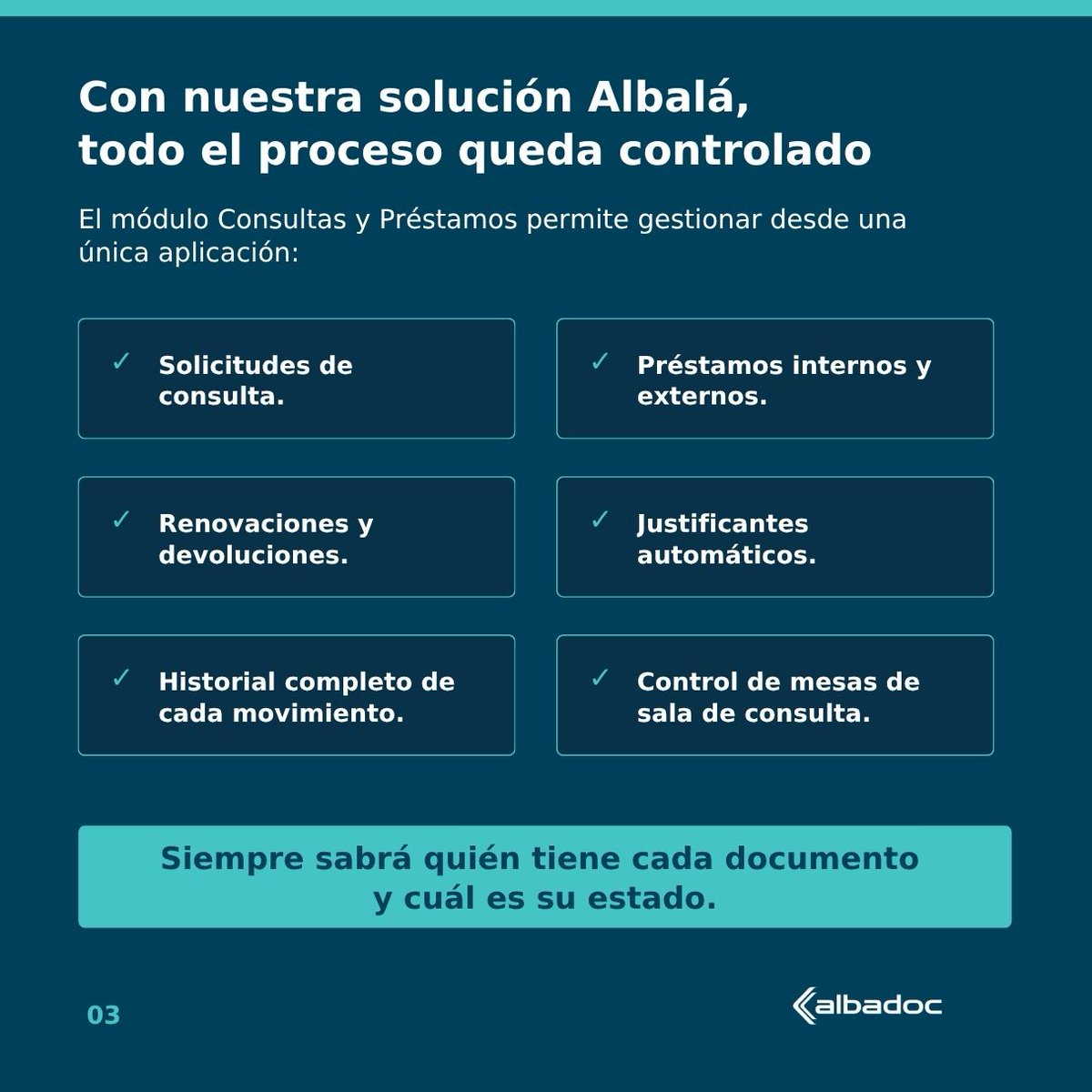 albadoc_es's tweet photo. ✅ Con el módulo de Consultas y Préstamos de nuestra solución Albalá, cada solicitud queda registrada y cada movimiento puede seguirse: desde los préstamos internos y externos hasta las renovaciones, las devoluciones y los justificantes. 

Este sistema ofrece tiene beneficios muy tangibles: 
➡️ Más control para el equipo del Archivo. 
➡️ Más seguridad para la documentación. 
➡️ Una atención más rápida a investigadores y usuarios. 
➡️ Información fiable para estadísticas, auditorías y toma de decisiones.  

En este carrusel explicamos cómo Albalá facilita la gestión de todo el proceso. 

#GestiónDocumental #Archivos #Albalá #TransformaciónDigital #SolucionesAlbadoc