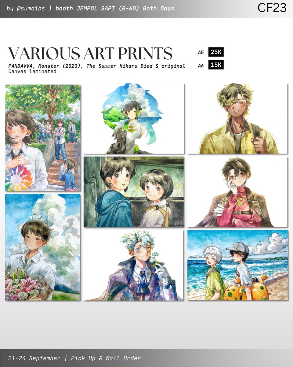sumdibs's tweet photo. [❤️+🔁] are appreciated

Sumdibs's #CF23 PO Batch 2 🍧

🌟PANDAVVA, PHM, TSHD, MP100, Saiki K, Monster (2023), originals

🗓️21 - 24 Sept 
🛒 Pickup (both days) &amp; Mail Order
📍Circle: Jempol Sapi (R-60)
🔗 form link below ⬇️

(1/2)
#CF23Catalogue #Comifuro23catalogue https://t.co/53AuvONO2j