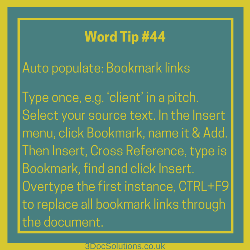 3DocSolutions's tweet photo. If you regularly create pitch documents where the client’s name appears in multiple places, you can save yourself a lot of repetitive typing.

A simple way to make those last-minute pitch edits much quicker - and avoid missing one!

#WordTips #MicrosoftOfficeTips https://t.co/EjifcAzGtj
