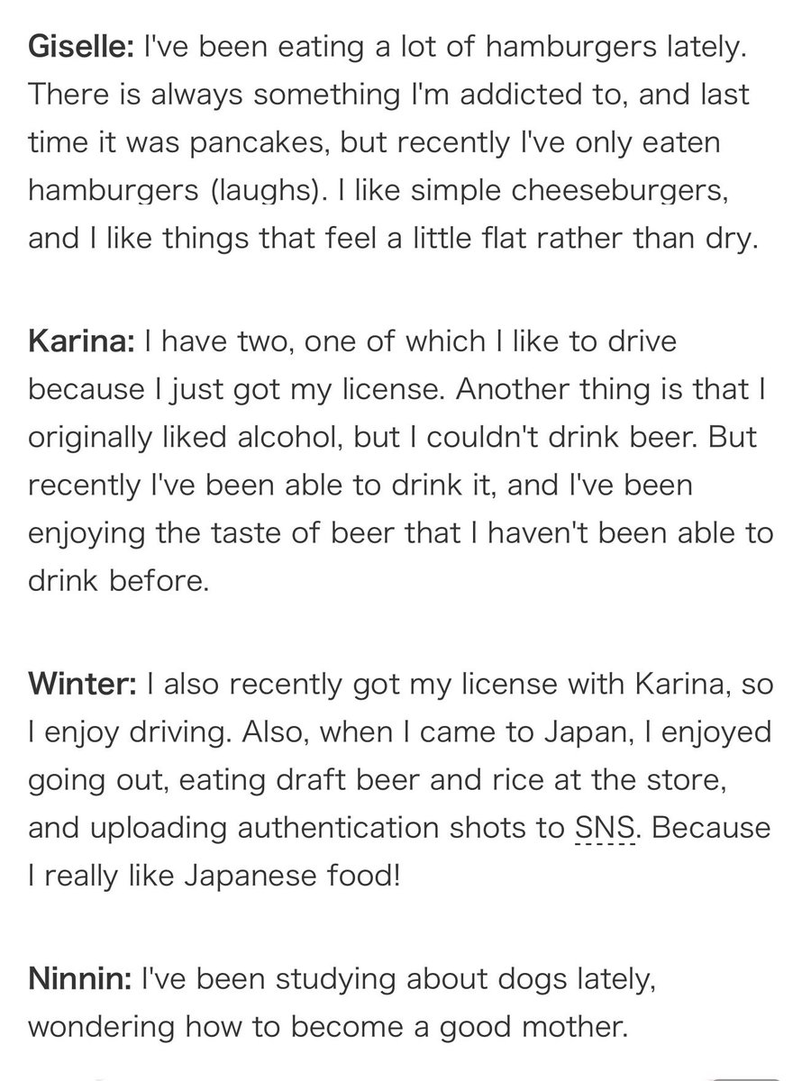 mjkmwntr's tweet photo. aespa shared that something they’ve been into or interested recently

🌙: she’s been eating a lot of hamburgers lately, before it was pancakes 

💙: enjoying drives since she got her license recently and other one is alcohol. She had always like drinking but she couldn’t drink beers like before 

⭐️: She also got her driver’s license recently so she had been enjoying driving(!!!) when she goes to Japan she enjoys going out, getting draft beer and meals and posting photos on social media

🦋: since she recently got a dog, lately she’s been learning about dogs and thinking how can she can be a good mom 🥹
