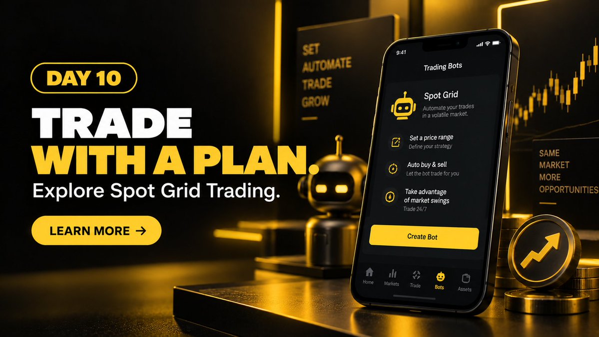 BinancePk's tweet photo. DAY 10 💛 | Spot Grid

Har order manually place karna zaroori nahi.

Spot Grid Trading mein aap ek specific price range aur trading parameters set kar sakte hain, aur the tool automatically preset intervals par buy aur sell orders place karta hai.

Start karne se pehle strategy, price range aur risk ko samajhna zaroori hai. Trading mein loss ka risk hota hai.

Binance account nahi hai? Abhi banayein:
🔗 https://t.co/UlWq0CUvtK

🎁 $1,000 USDC mein se apna share jeetne ka chance!

@BinancePk ko follow karein aur is post ko RT karein.

21 days. 21 things to know. 💛