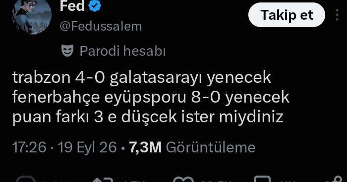 PrometheusDevam's tweet photo. Bak üstün zekalı kardeşim.

Futbol için 4-0 ve 8-0 gibi sonuçlar istatistiksel açıdan aşırı nadir görülen skorlardır. Bir maçın tam olarak 8-0 bitme olasılığı tek başına %0,1'in çok altındadır.

Sen bir değil iki maçın skorunu maç başlamadan verdin.

Üstelik biri derbi..

Şimdi insanların gülüp geçmesini istiyorsun.

Çok beklersin.
