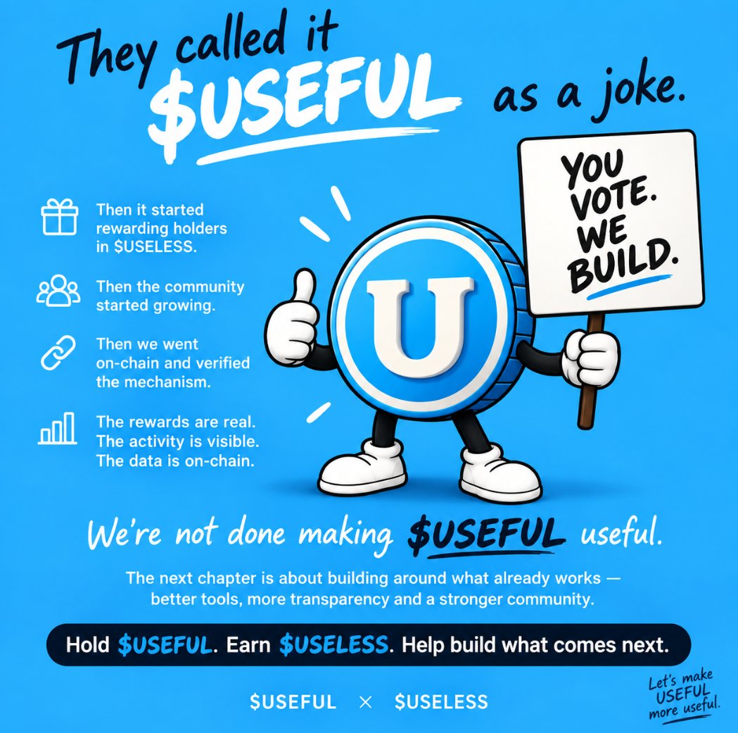 usefulcoinmeme's tweet photo. 🔵 They called it $USEFUL as a joke.

Then it started rewarding holders in $USELESS.

Then the community started growing.

Then we went on-chain and verified the mechanism.

The rewards are real.
The activity is visible.
The data is on-chain.
And now?
We’re not done making $USEFUL useful.

The next chapter is about building around what already works better tools, more transparency and a stronger community.

And this time, the community gets a say in what comes next.

At some point, the joke starts becoming pretty USEFUL. 🔵

Hold $USEFUL. Earn $USELESS. Help build what comes next.

$USEFUL × $USELESS

Let’s make USEFUL more useful.