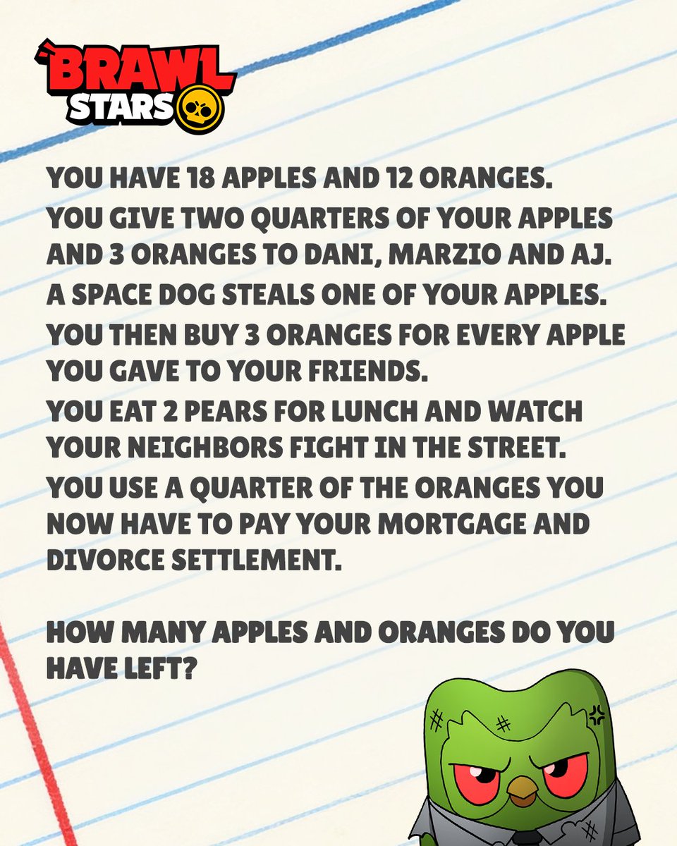 BrawlStars's tweet photo. 📝 Math Surprise Test 📝

Can you solve this very difficult problem? Remember to reply using #BrawlStars and #Duolingo to participate in the giveaway for a chance of winning the 3.141592 MILLION Gems! 😳 https://t.co/PofuNoaEl0