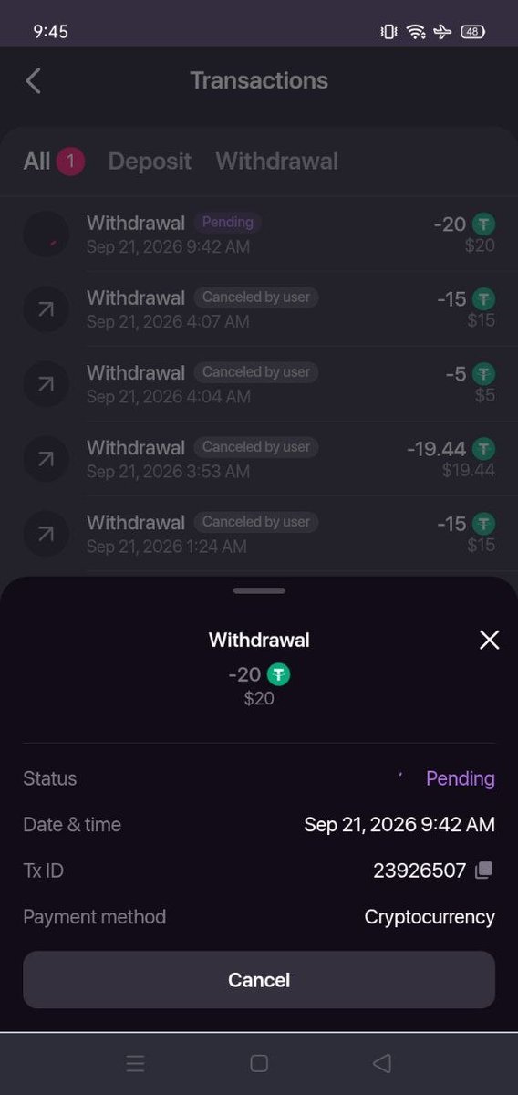 crypto9x9's tweet photo. @chexx_bet I am facing an issue with withdrawals from my account. I have tried to withdraw my funds multiple times, but the withdrawal transactions remain stuck on “Pending” status.
User ID: 2cffd53b-bc3b-444f-b75e-42024dfd45e7
Amount= $20  USDT
Transaction IDs: 23926507 https://t.co/czc1Dw8Hk6