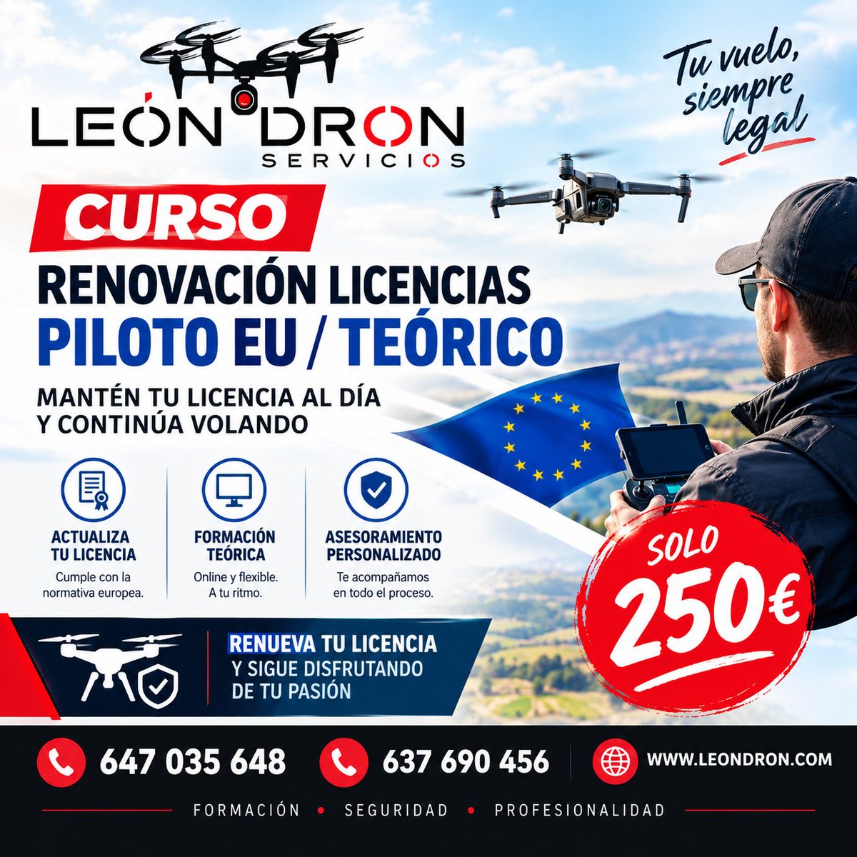 DronServicios's tweet photo. Renueva tu licencia de piloto de drones con confianza y cumple con las normativas de la UE.
El curso de renovación de licencia ofrece una oportunidad invaluable para mantenerse actualizado con las últimas regulaciones europeas
#RenovaciónDeLicencia #LeonDron#PilotosProfesionales https://t.co/JG49yAONKY