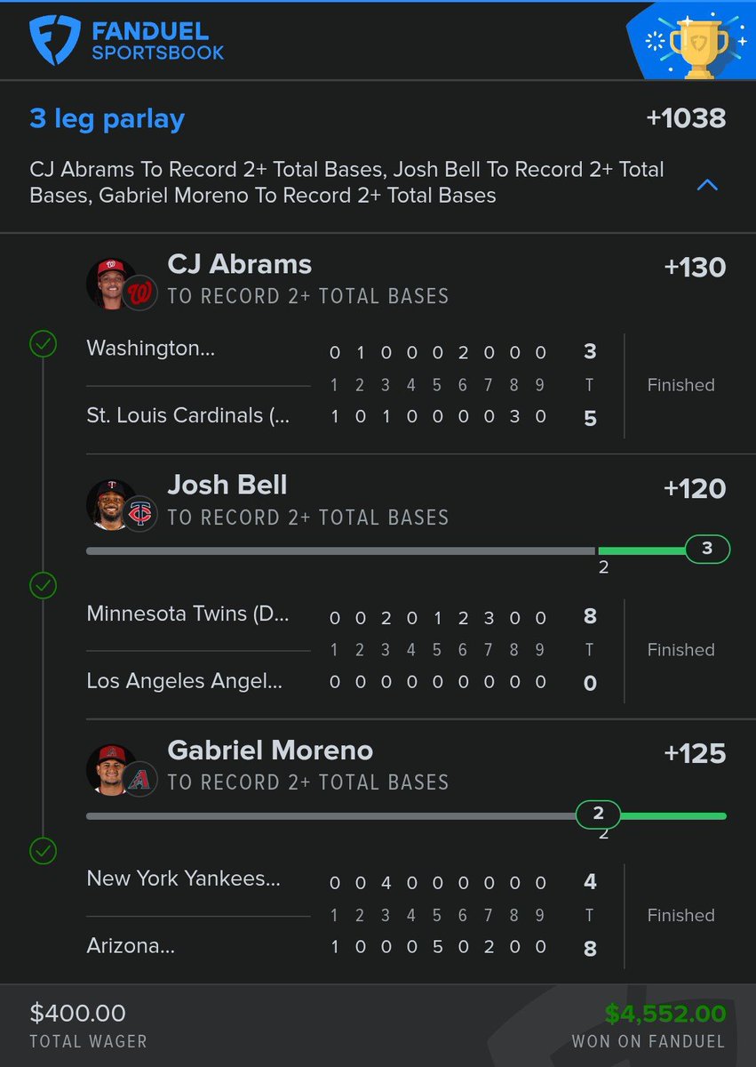 TheBetBlitzPro's tweet photo. BASES MACHINE +1038 CASHED 💰

CJ Abrams 2+ TB
Josh Bell 2+ TB 
Moreno 2+ TB

$400 → $4,552 — we don't guess bases, we print them.

Next board is loaded. BIO 🔒

#TheBetBlitzPro | #NBA 🏀 | #NFL  | #WNBA 🏀 | #MLB ⚾ | #PrizePicks 🔐| #FanDuel 🔐 | #Gambling𝕏 https://t.co/qKG9HaKue8