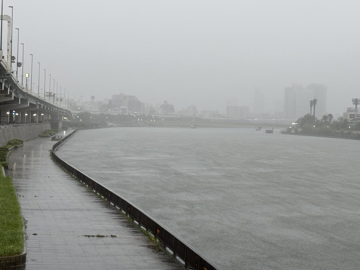 sumiapcom's tweet photo. 隅田川、17時ごろ、白髭橋あたりの様子です。

#台風２５号 #台風 #台風25号 #墨田区 #隅田川 https://t.co/6KsCAThKvZ