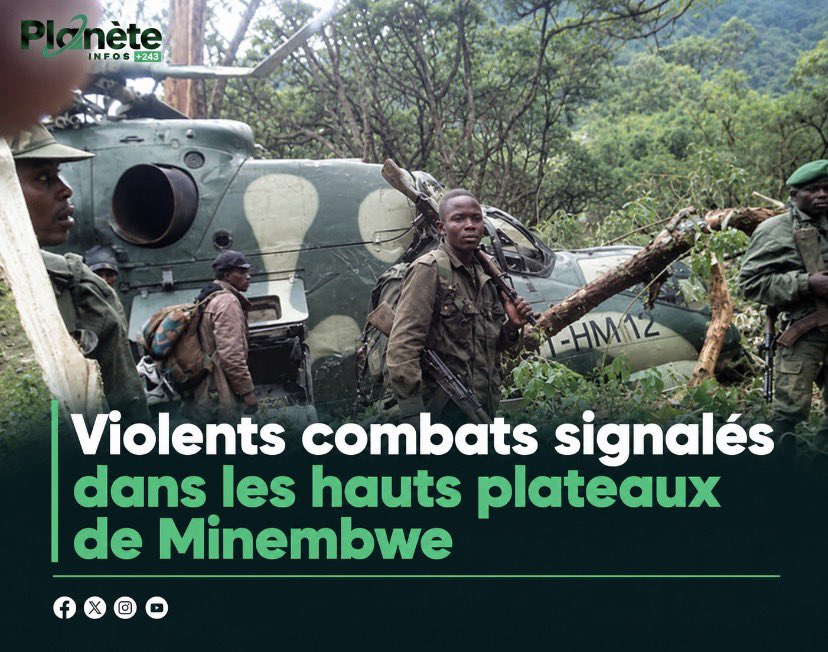 PlaneteInfos243's tweet photo. 🚨🇨🇩 #DRC | #sudkivu : violents combats signalés dans les hauts plateaux de Minembwe

de violents affrontements sont signalés ce lundi 21 septembre 2026 dans plusieurs localités des hauts plateaux de minembwe, en territoire de fizi.

selon des informations rapportées depuis la zone, les combats opposent des combattants de Twirwaneho, alliés à l’afc/M23, aux forces armées de la république démocratique du congo (FARDC), appuyées par les Wazalendo et des éléments de l’armée burundaise.

les affrontements seraient notamment signalés autour de mukoko, nyaruhinga, gipimo, nzahaha, rugezi, nyagishasha, timbyangoma et biziba.

des tirs d’artillerie ainsi que l’utilisation de drones kamikazes sont rapportés sur plusieurs axes. La situation sécuritaire demeure particulièrement tendue dans cette partie des hauts plateaux.

face à l’intensité des combats, des habitants de certaines zones concernées chercheraient à se mettre à l’abri.

➡️ la situation reste évolutive. planète infos +243 poursuit le suivi de la situation sur le terrain.

#rdc #sudkivu #fizi #minembwe #twirwaneho #afcm23 #fardc #wazalendo #burundi #securite #infos243