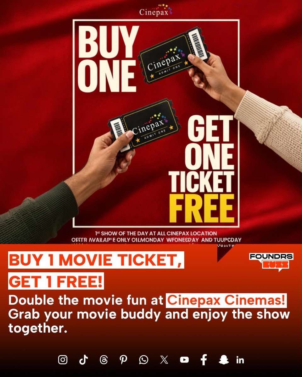 foundrsbuzz's tweet photo. Cinemas is offering a Buy 1 Get 1 Free deal on movie tickets, giving you the perfect reason to call your movie buddy and head to the cinema. Two seats, one purchase, twice the fun!

Disclaimer: Offer details, availability, and terms &amp; conditions may vary.

#Cinepax #foundrsbuzz https://t.co/fmOOG6AX33