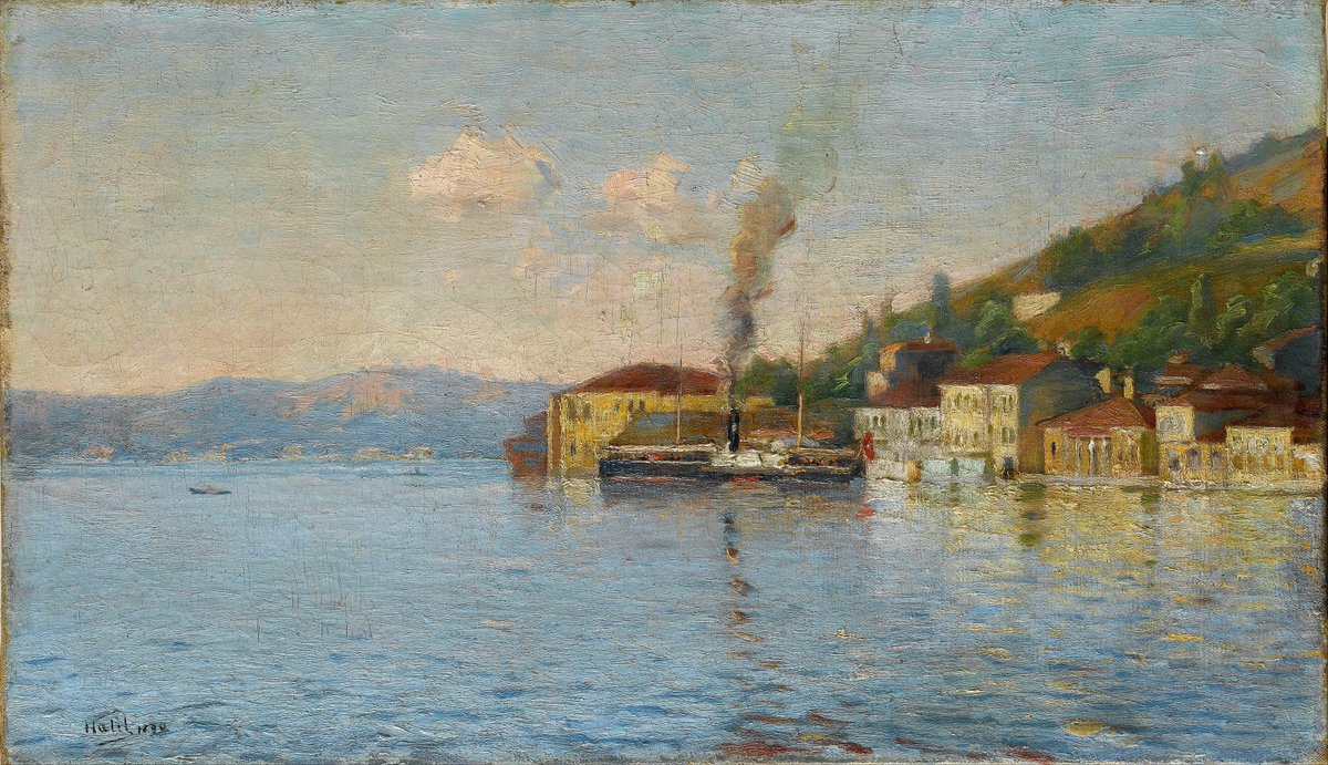 KutbayAlpARSLAN's tweet photo. Halil Paşa, (1857 İstanbul - 1939 İstanbul) was a prominent and pioneering Turkish painter.

Çengelköy Vapur İskelesi, 1890
Cengelköy Ferry Quay , 1890

Collection: Sakıp Sabancı Museum
Source/Photographer: Google Cultural Institute

Halil Pasha (c. 1857, Istanbul - August 1939, Istanbul) was a Turkish painter and art teacher. He was one of Turkey's first Impressionists.

Biography
His family was originally from Rhodes and his father, Selim, was one of the founders of the Turkish Military Academy.

Like many early Western-style Turkish artists, he received his training in technical drawing and painting at the "Mühendishane-i Berrî-i Hümâyûn" (Military School of Engineering), now known as the Istanbul Technical University. Upon graduating, students were normally commissioned to become teachers at military schools, but he insisted on being allowed to continue his studies in Paris. In 1880, his father finally agreed, and he spent eight years working in the studios of Jean-Léon Gérôme. He had his first showing at the Exposition Universelle in 1889 and won a medal. As it turned out, when he went back to Turkey, he still became a teacher at a military school.

In 1906, he was granted the title "Pasha". Two years later, however, at the beginning of the Second Constitutional Era, he chose to retire with the rank of Colonel and become a private art teacher. Later, he taught at the "Sanayi-i Nefise Mekteb-i Alisi" (School of Fine Arts and Crafts), now the Mimar Sinan Fine Arts University and served as its Director from 1917 to 1918. His students included Müfide Kadri, who became Turkey's first female art teacher.

During the Turkish War of Independence, he went to Egypt at the invitation of Abbās Ḥilmī Pasha, the former (and last) Khedive. Later, he was a long-term guest at the Khedive's largely unused mansion in Istanbul and had a studio there.