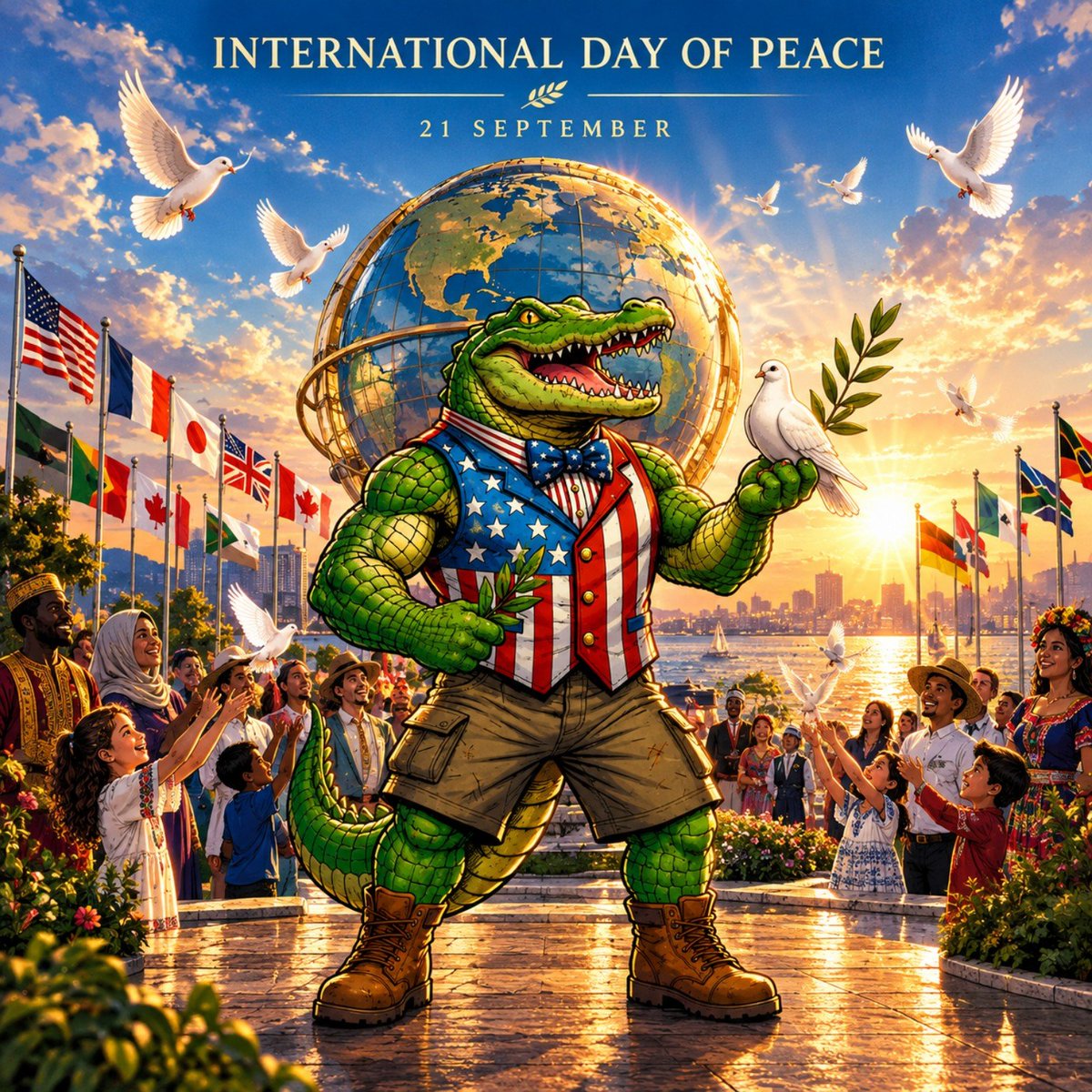 LGATRmeme's tweet photo. Good morning, world 🌍🕊️ It's International Day of Peace and Liberty Gator is out early with an olive branch. This year's theme: Invest in Peace, for everyone, everywhere, every day. 🐊

$LGATR

https://t.co/MWWVsfzkaI

#InvestInPeace #Solana #memecoin #SOL https://t.co/EmQCInANx6