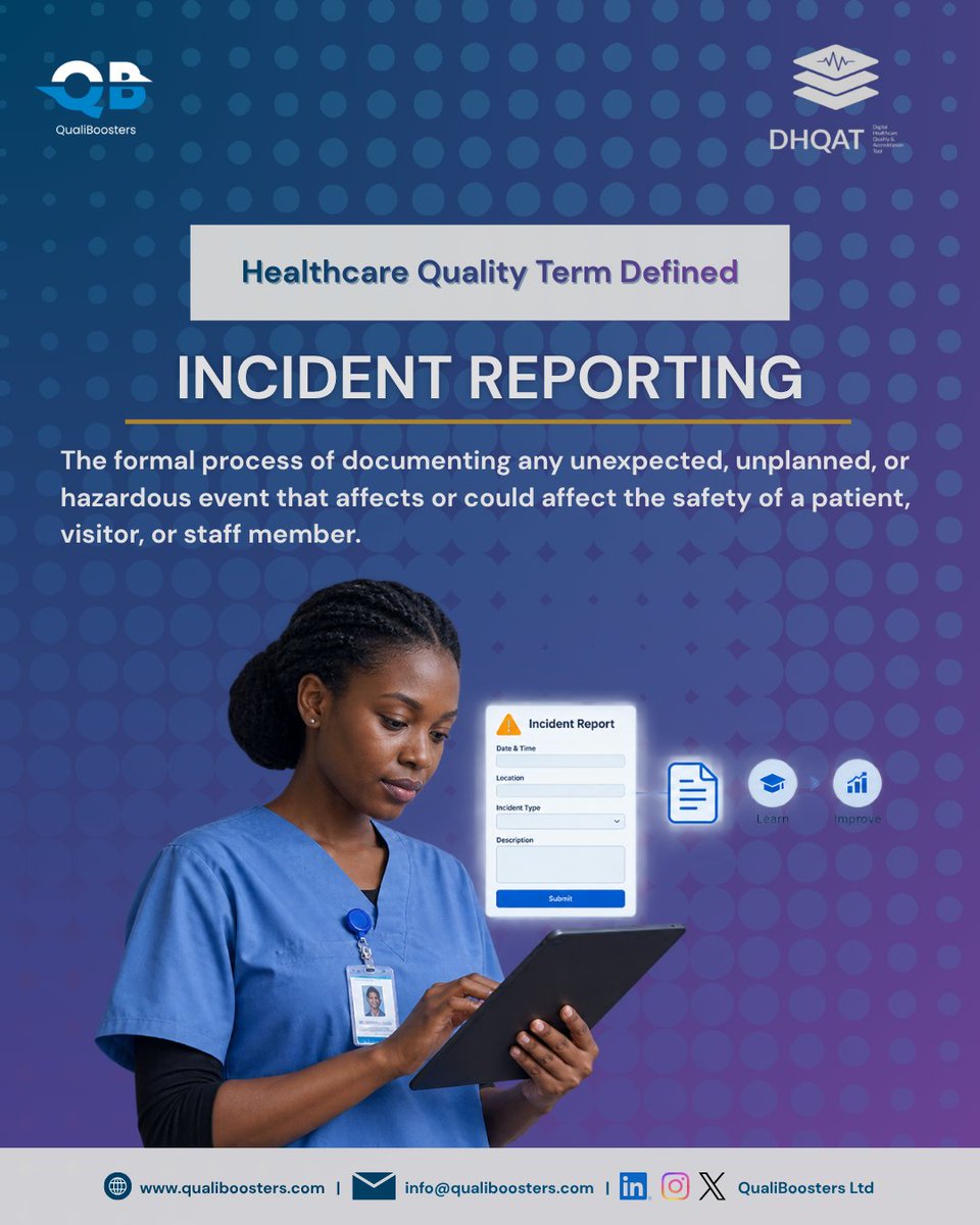 qualiboosters's tweet photo. Identifying and recording that an incident has occurred is the very first step in a reporting and learning process.
#HealthcareQuality #DHQAT #DigitalHealth #PatientSafety
#IncidentReporting #QualiBoostersLtd https://t.co/rOdX5LxVci