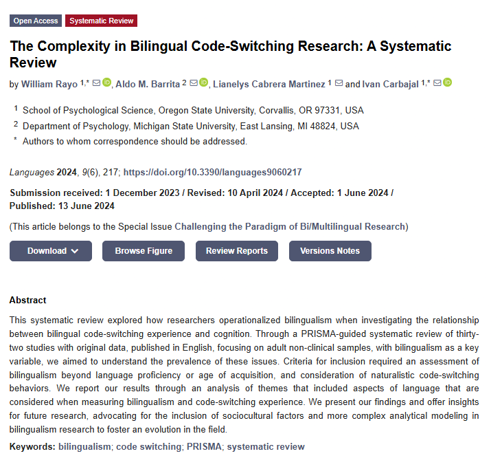 Languages_MDPI's tweet photo. 🔥 Read our Highly Viewed Paper
📃 The Complexity in Bilingual Code-Switching Research: A Systematic Review
🔗 Article Link: https://t.co/gGtRBPOzOs
#LanguagesMDPI #Linguistics #Bilingualism #CodeSwitching #LanguageResearch #OpenAccess https://t.co/qGnbrEJxkm