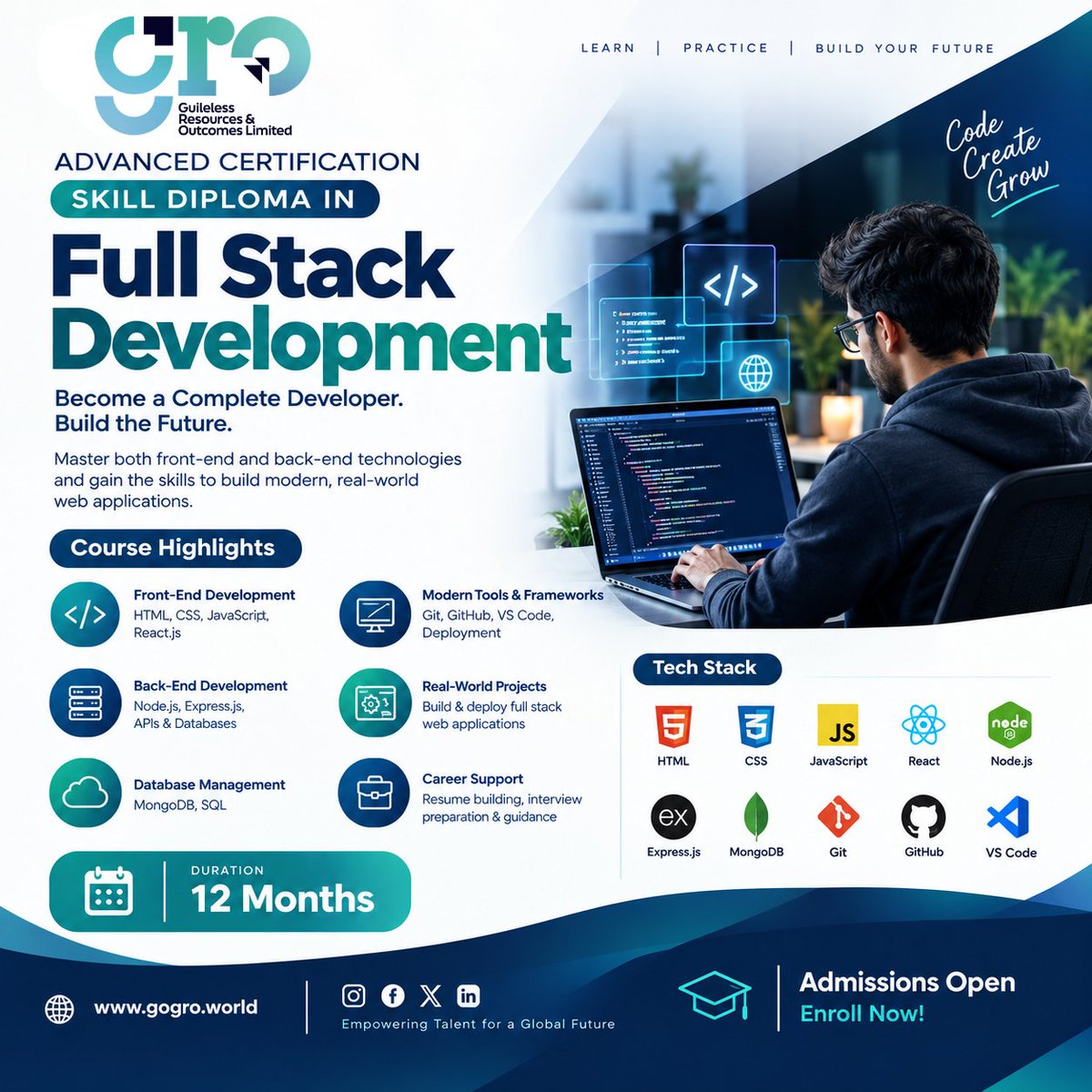 Groeducation's tweet photo. Build Your Future in Tech!

🎓 Advanced Certification Skill Diploma in Full Stack Development

🔹 Front-End
🔹 Back-End
🔹 Databases
🔹 Modern Tools
🔹 Real-World Projects
🔹 Deployment

🌐 https://t.co/jipCsmDAIX⁠

#FullStackDevelopment #Coding #TechSkills #GRO https://t.co/k0v5G7TcTS
