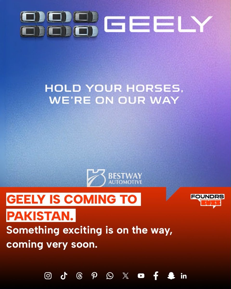 foundrsbuzz's tweet photo. Wonder what’s coming? We’d rather show you. Geely is coming very soon to Pakistan. Stay tuned for more updates.

Disclaimer: This post is for informational purposes only. 

#GeelyPakistan #Geely #PakistanAuto #AutomotivePakistan #CarLaunch https://t.co/tXqnG0mNNY