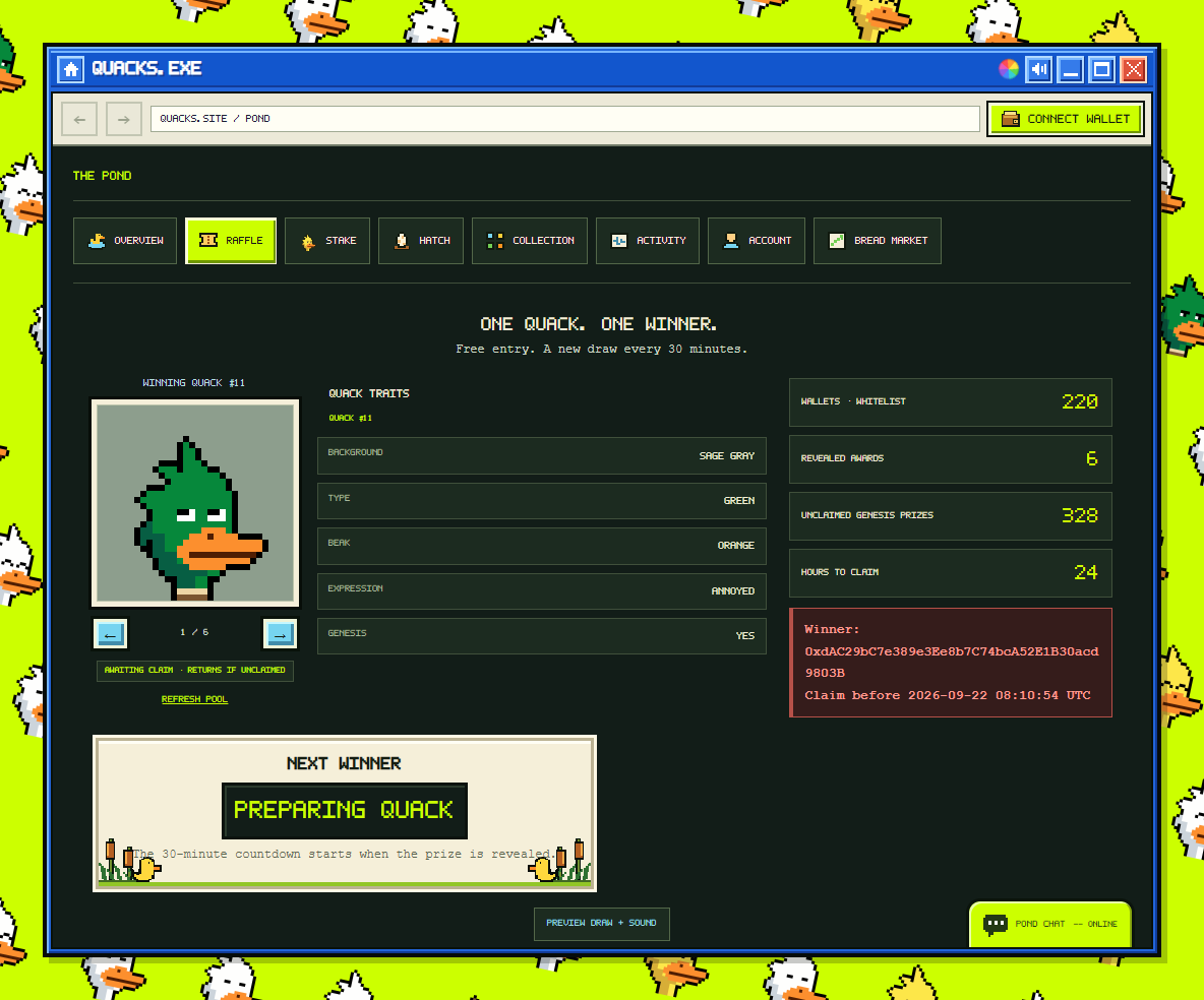 QuacksRH's tweet photo. QUACKS winner: Genesis #11
@bakarejoshua15
0xdAC29bC7e389e3Ee8b7C74bcA52E1B30acd9803B
Claim before 2026-09-22 08:10:54 UTC. Mint costs gas only.
https://t.co/8RWPJt4o6w https://t.co/GzeLYobih8