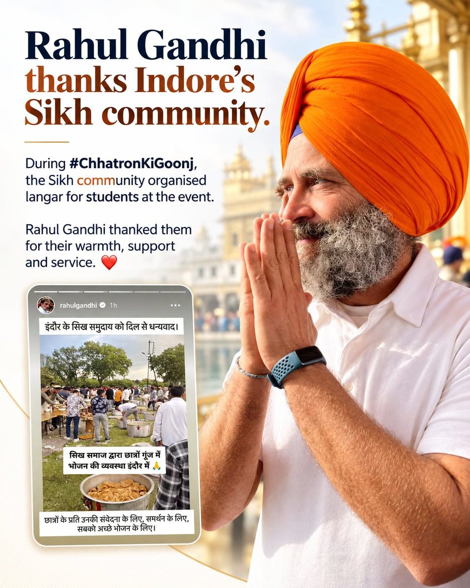 bharatjodo's tweet photo. Grateful to Indore’s Sikh community for their warmth, seva and support for the students at #ChhatronKiGoonj. ❤️🙏🏻 https://t.co/3LWG7w7WmU