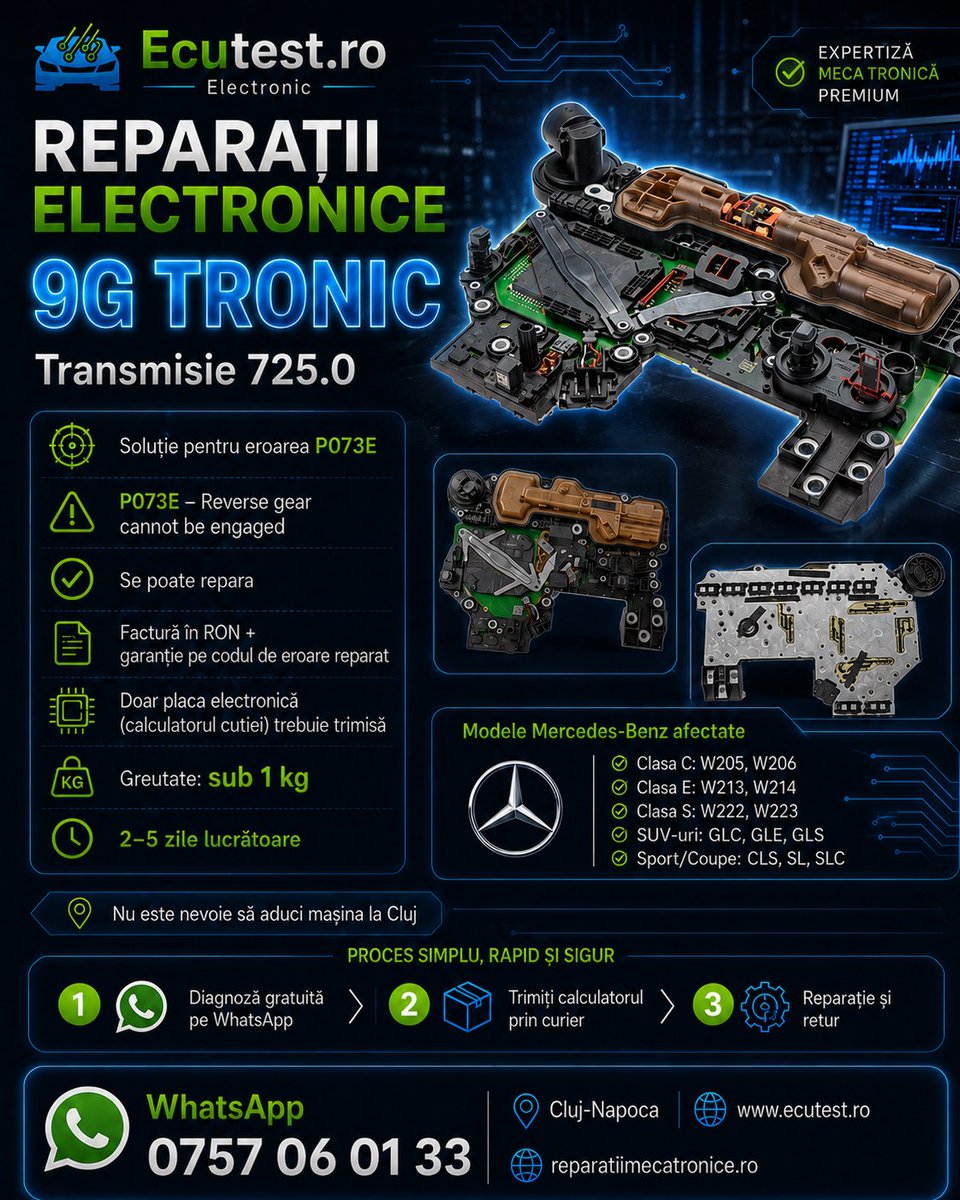 rep_mecatronice's tweet photo. 🔧 Mercedes 9G-Tronic 725.0 – P073E

 „Reverse gear cannot be engaged”?

 La ECUTest efectuăm diagnosticarea și reparația electronică specializată a modulului transmisiei.

 #9GTronic #Mercedes #ECUTest #ReparatiiMecatronice https://t.co/I4EeX7BDtM