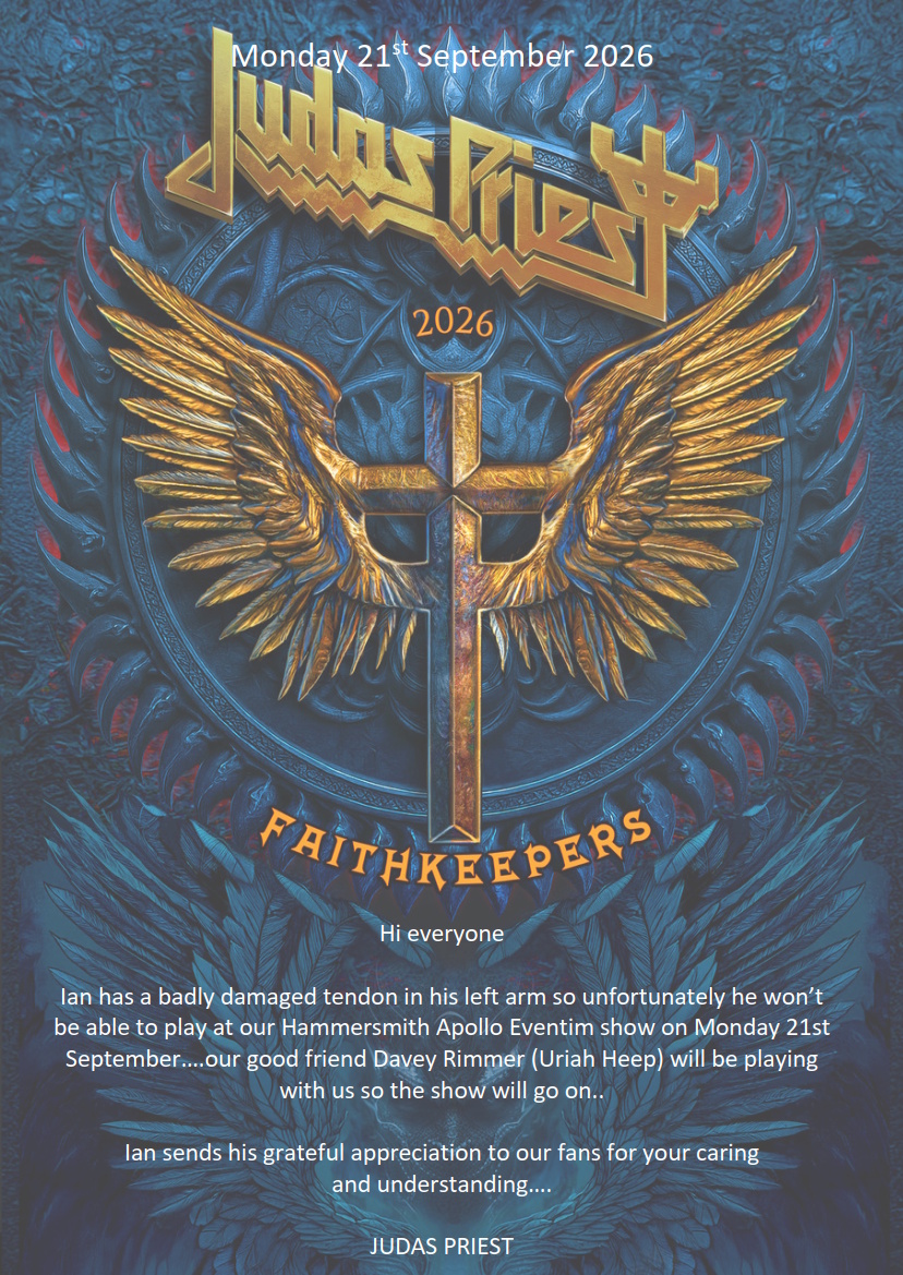 judaspriest's tweet photo. Ian has a badly damaged tendon in his left arm so unfortunately he won’t be able to play at our Hammersmith Apollo Eventim show on 21st Sept...our good friend Davey Rimmer (Uriah Heep) will be playing with us so the show will go on..

JUDAS PRIEST https://t.co/nCY47a6Rc1