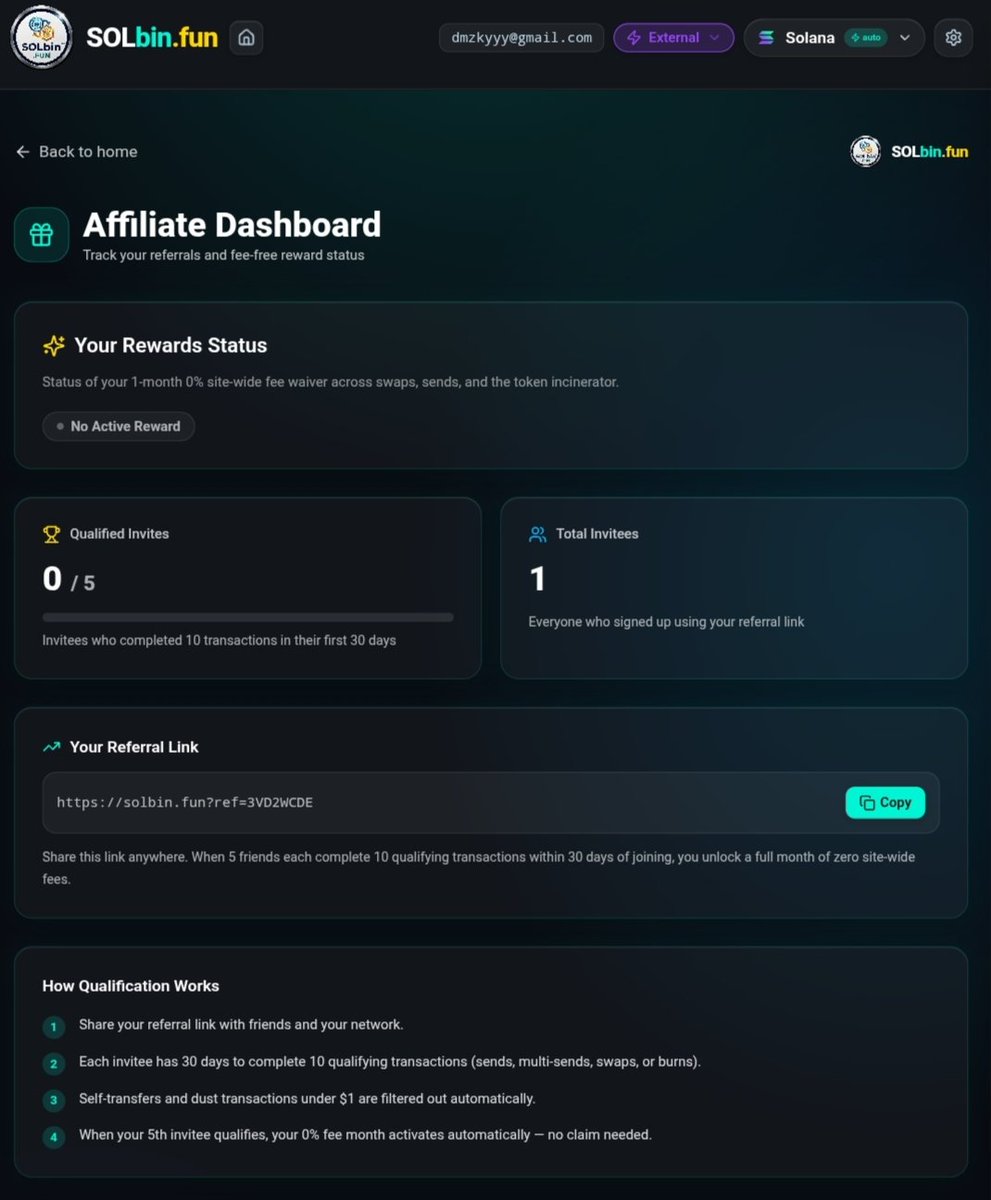 Dmzkyyy's tweet photo. SOLbin is making referrals actually worth it. 🚀
Earn SOL or unlock 0% fees just by sharing your link and posting about SOLbin on X. Simple tracking, real rewards, real utility on Solana.
Start here 👇
https://t.co/5lH4POhxVc
#Solana #SOLbin #Web3 https://t.co/UOK02b7iqY