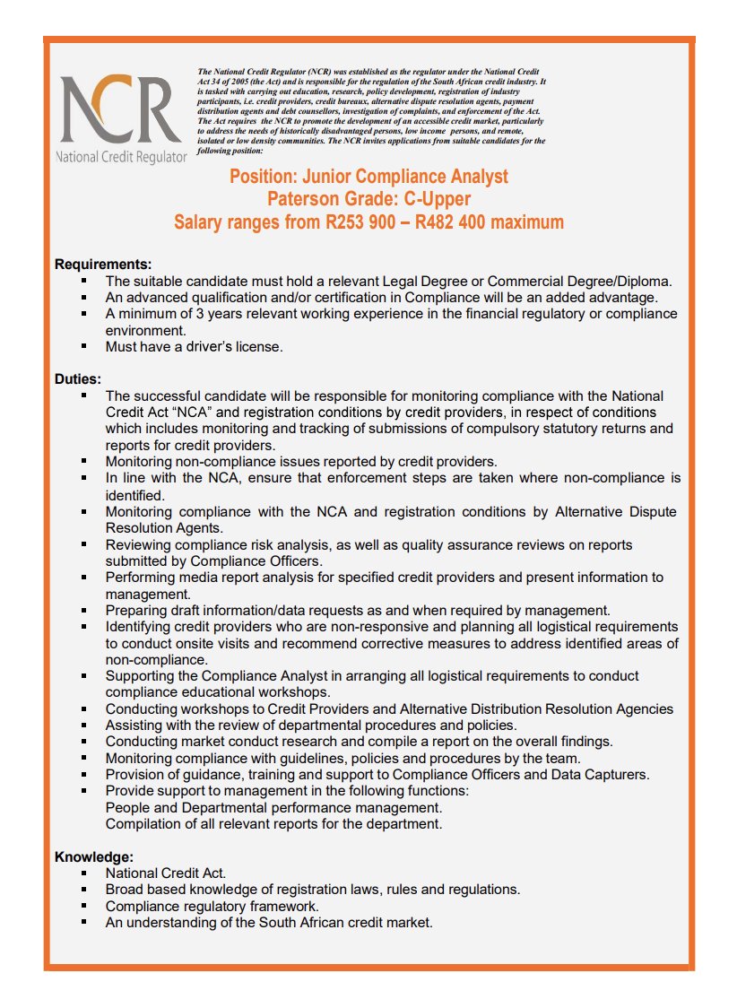 yuthconnect's tweet photo. 📌NCR

>Junior Compliance Analyst
https://t.co/QIpcum2bOy

>Registration Administrator
https://t.co/x71hlUZHSK

>Human Resources Officer
https://t.co/RPE451YaoQ

>Senior HR Officer
https://t.co/WzG1XBw6fI

Please find the attached internal advertisement for vacant positions within the NCR. Should you wish to apply, please forward a detailed CV accompanied by a covering letter, quoting the relevant reference number to the relevant email address