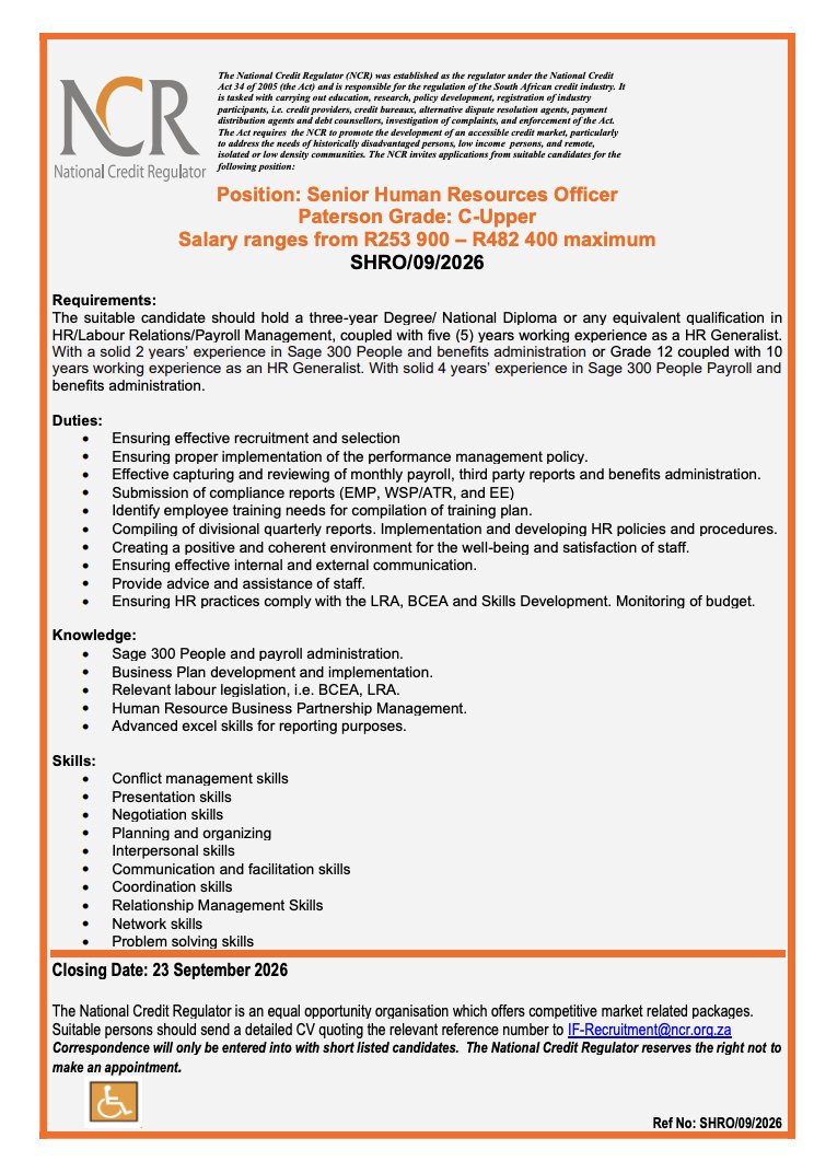 yuthconnect's tweet photo. 📌NCR

>Junior Compliance Analyst
https://t.co/QIpcum2bOy

>Registration Administrator
https://t.co/x71hlUZHSK

>Human Resources Officer
https://t.co/RPE451YaoQ

>Senior HR Officer
https://t.co/WzG1XBw6fI

Please find the attached internal advertisement for vacant positions within the NCR. Should you wish to apply, please forward a detailed CV accompanied by a covering letter, quoting the relevant reference number to the relevant email address