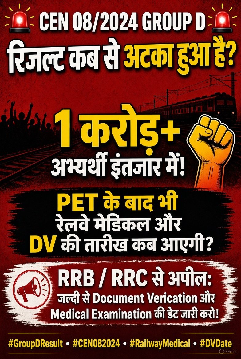 SSoni60457's tweet photo. 🚨 CEN 08/2024 GROUP D 🚨
रिजल्ट कब से अटका हुआ है?  1 करोड़+ अभ्यर्थी इंतजार में!  PET के बाद भी
रेलवे मेडिकल और DV की तारीख कब आएगी?  RRB / RRC से अपील:
जल्दी से Document Verification
और Medical Examination
की डेट जारी करो! 
अब और देरी मत करो! https://t.co/JOaldRHs33