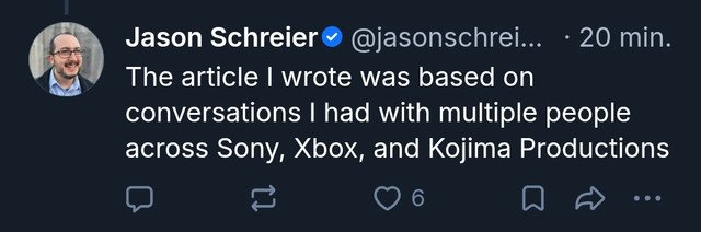 Witoldowo's tweet photo. @HazzadorGamin @GenePark "I listened to one side of the story and decided to believe it's the complete and honest truth".
Gene Park XD

Definitely not support him. Its like sponsored article.

Meanwhile Jason Schreier had info from internal sources at Sony, Xbox and Kojima. https://t.co/P9zVISA38w