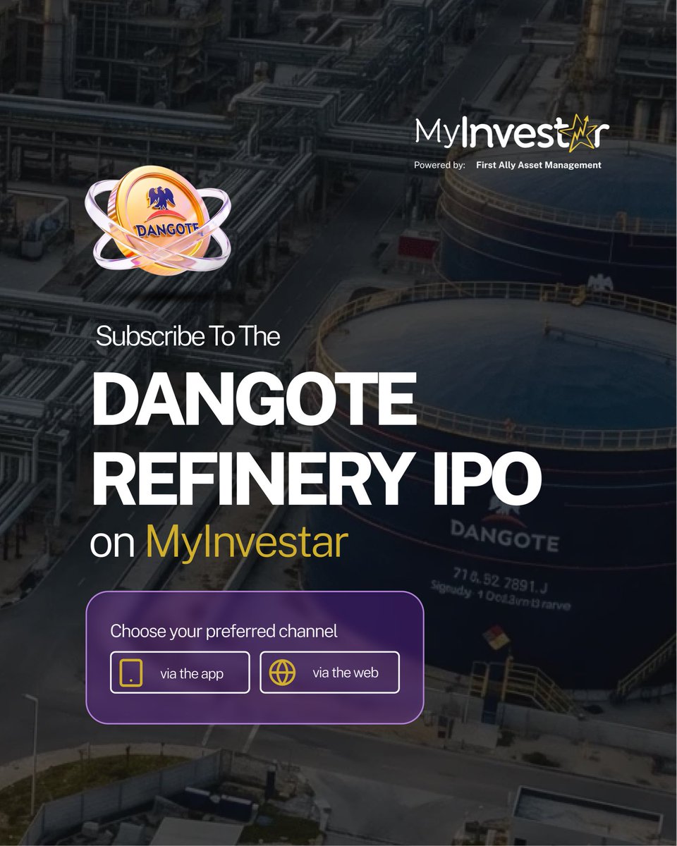 myinvestar's tweet photo. Plot twist: You don’t need the app.
You can now subscribe for the Dangote Refinery IPO directly online.
No app download. No MyInvestar sign-up. Just your details and your subscription.

Ready to key in? 
https://t.co/7inywzR0a0

You can still subscribe through the MyInvestar app. https://t.co/6MAFCOdvDe